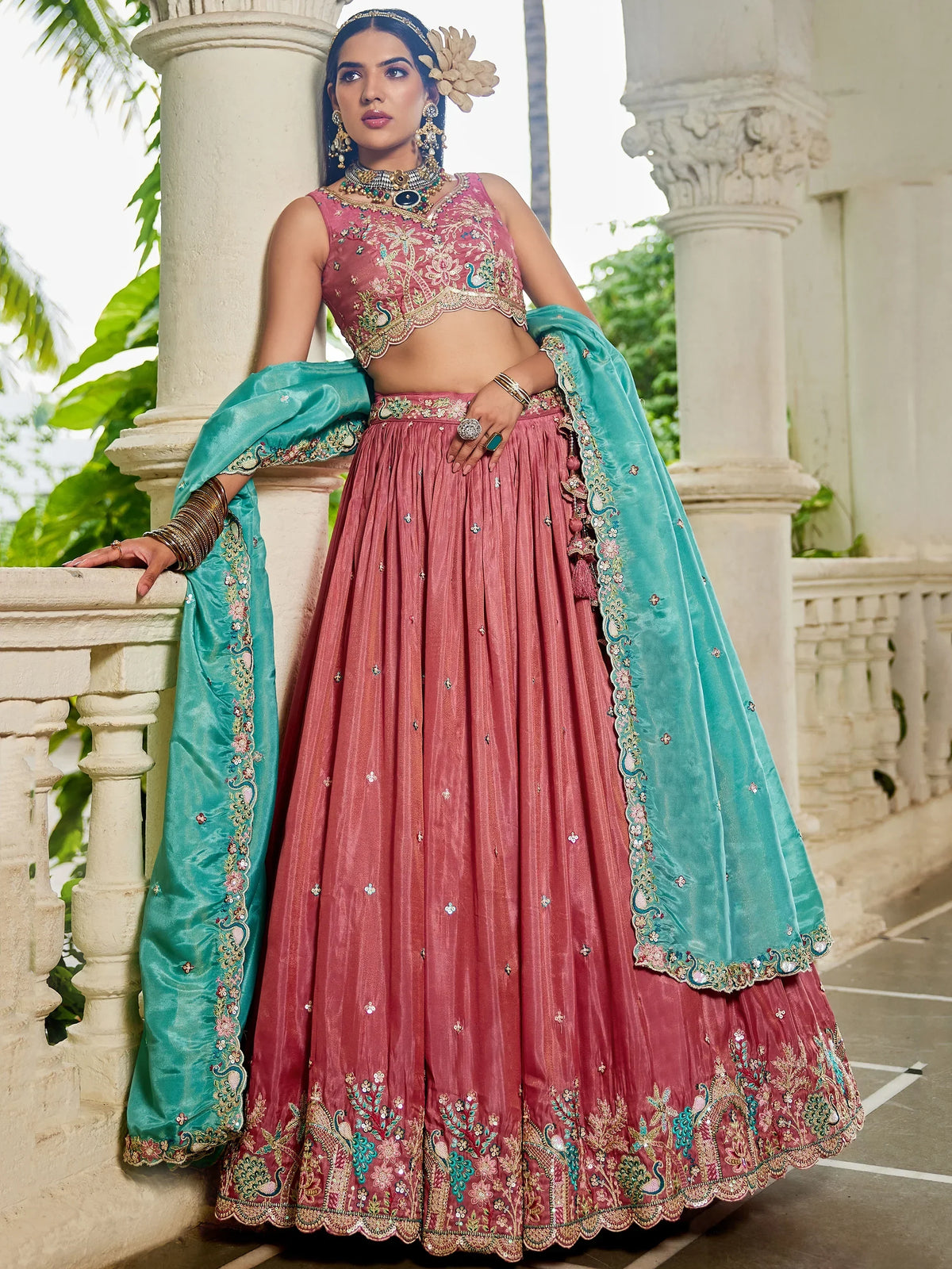 Dazzling Dusty Pink Thread Work Satin Wedding Lehenga Choli With Dupatta - Zeel Clothing