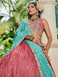 Dazzling Dusty Pink Thread Work Satin Wedding Lehenga Choli With Dupatta - Zeel Clothing