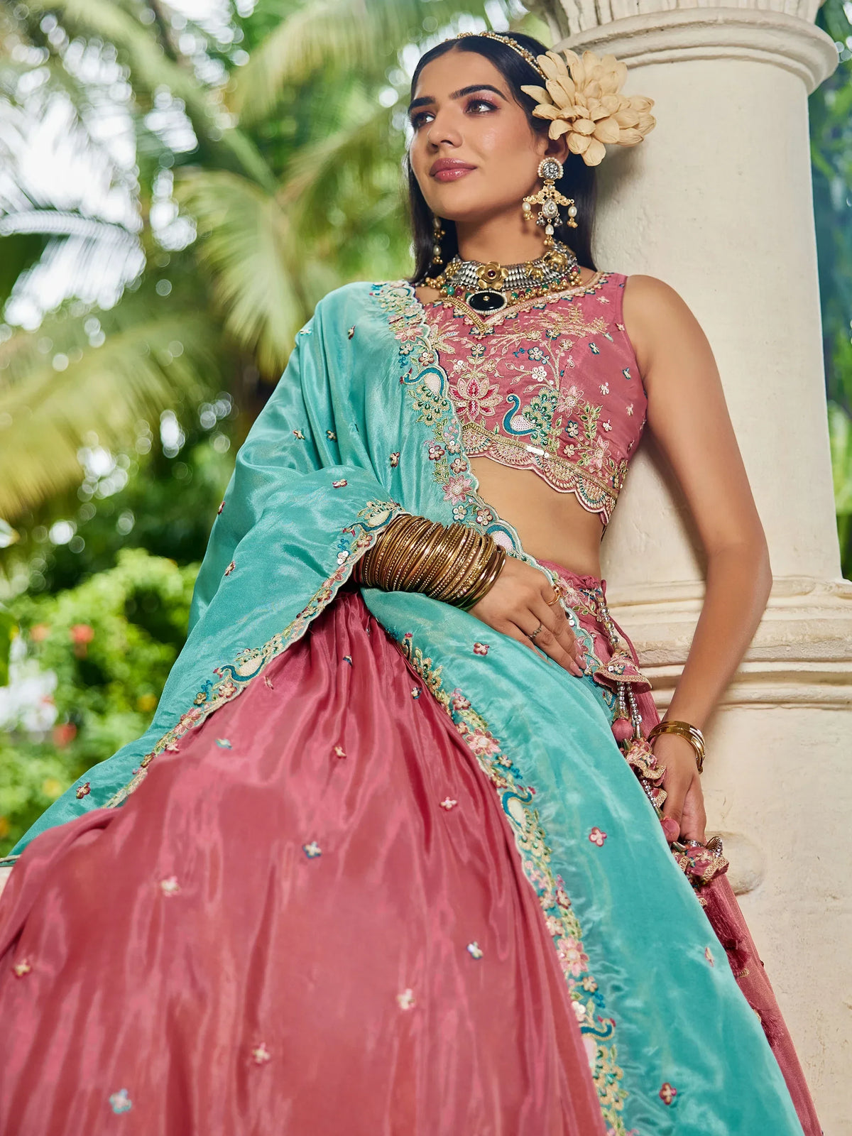 Dazzling Dusty Pink Thread Work Satin Wedding Lehenga Choli With Dupatta - Zeel Clothing