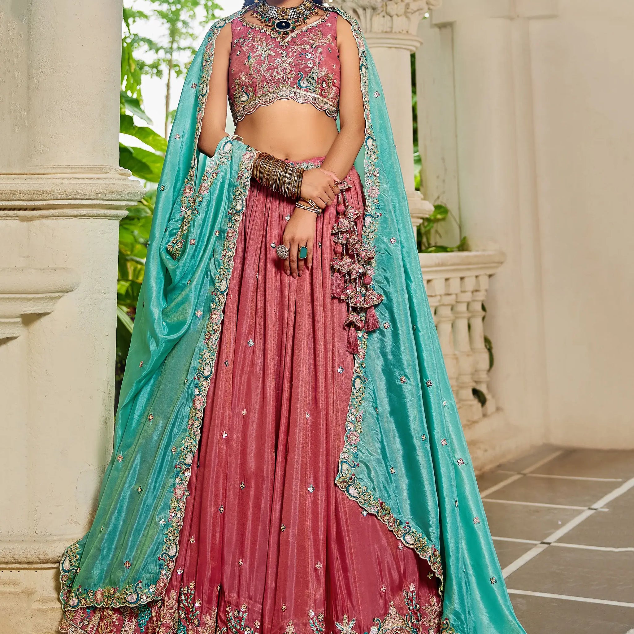 Dazzling Dusty Pink Thread Work Satin Wedding Lehenga Choli With Dupatta - Zeel Clothing