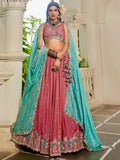 Dazzling Dusty Pink Thread Work Satin Wedding Lehenga Choli With Dupatta - Zeel Clothing