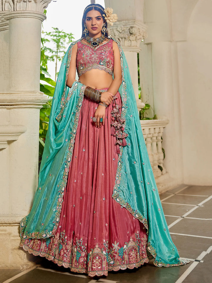 Dazzling Dusty Pink Thread Work Satin Wedding Lehenga Choli With Dupatta - Zeel Clothing