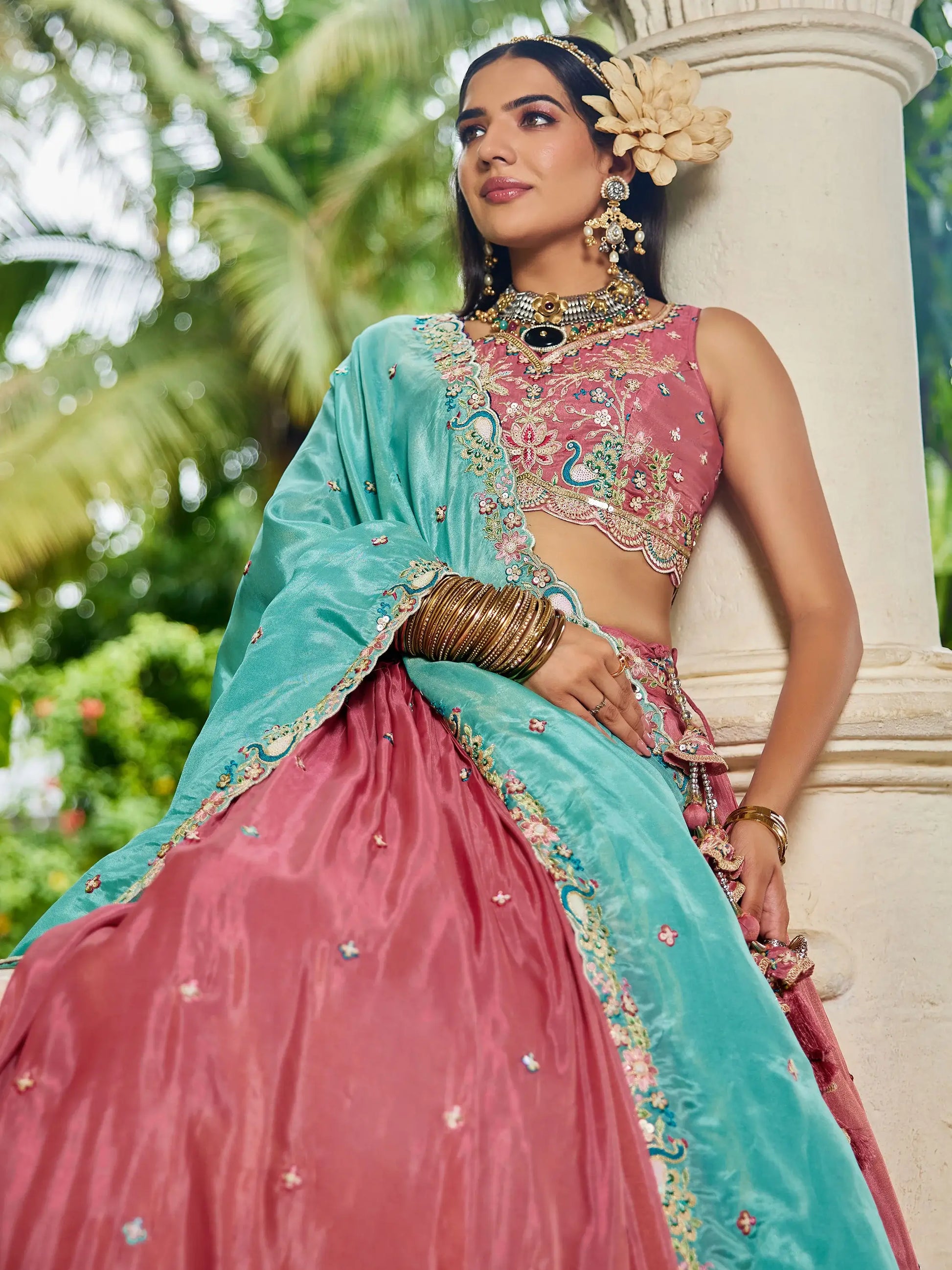 Dazzling Dusty Pink Thread Work Satin Wedding Lehenga Choli With Dupatta - Zeel Clothing