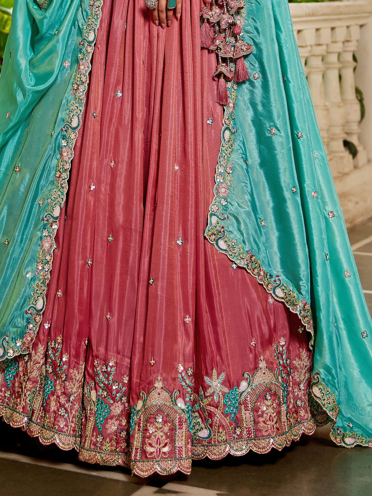 Dazzling Dusty Pink Thread Work Satin Wedding Lehenga Choli With Dupatta - Zeel Clothing