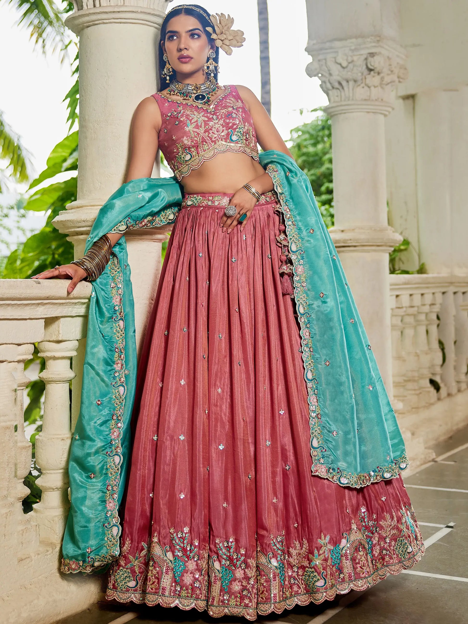 Dazzling Dusty Pink Thread Work Satin Wedding Lehenga Choli With Dupatta - Zeel Clothing