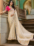 Dazzling Golden Zari Weaving Work Tissue Wedding Wear Saree