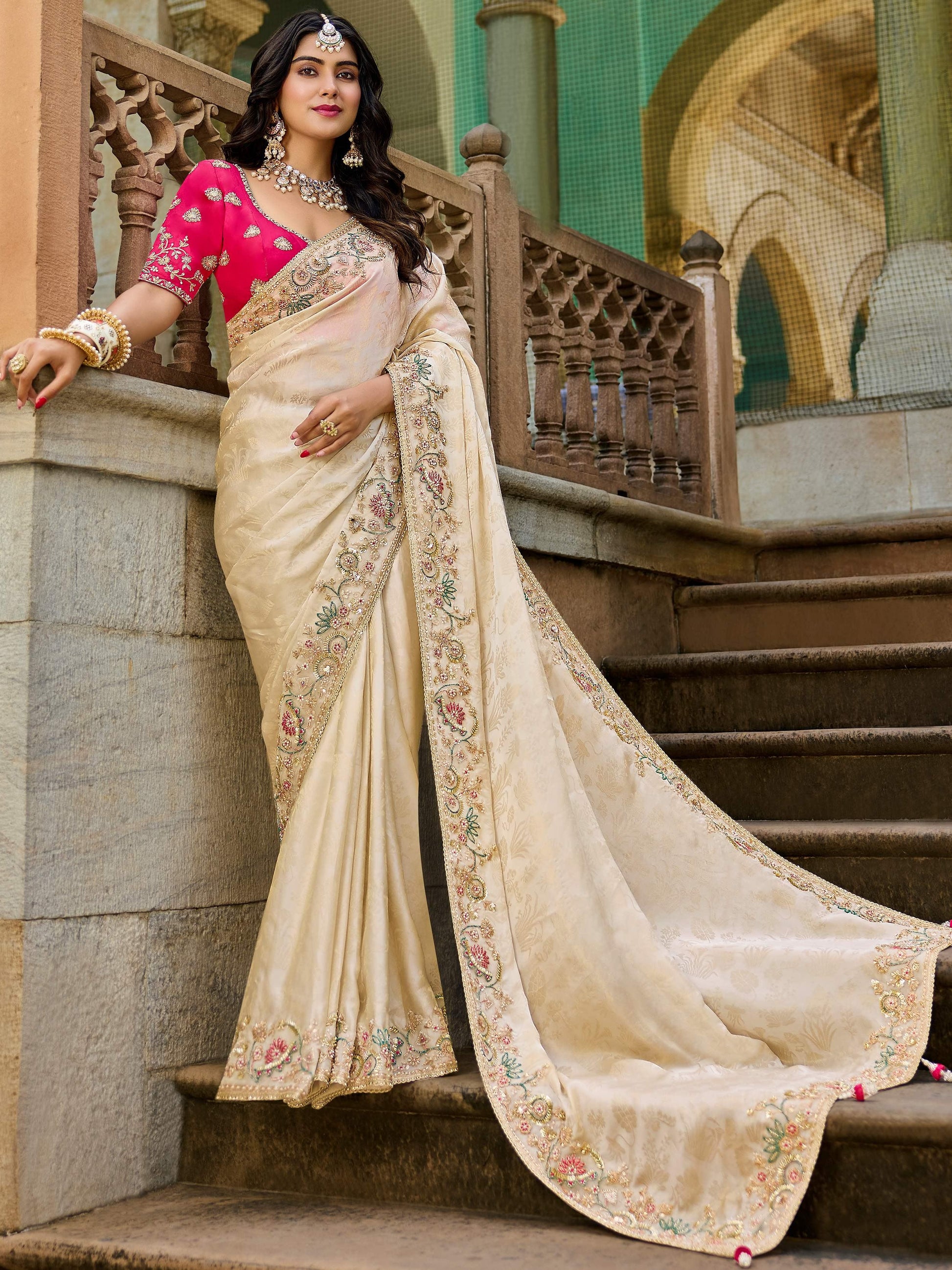 Dazzling Golden Zari Weaving Work Tissue Wedding Wear Saree