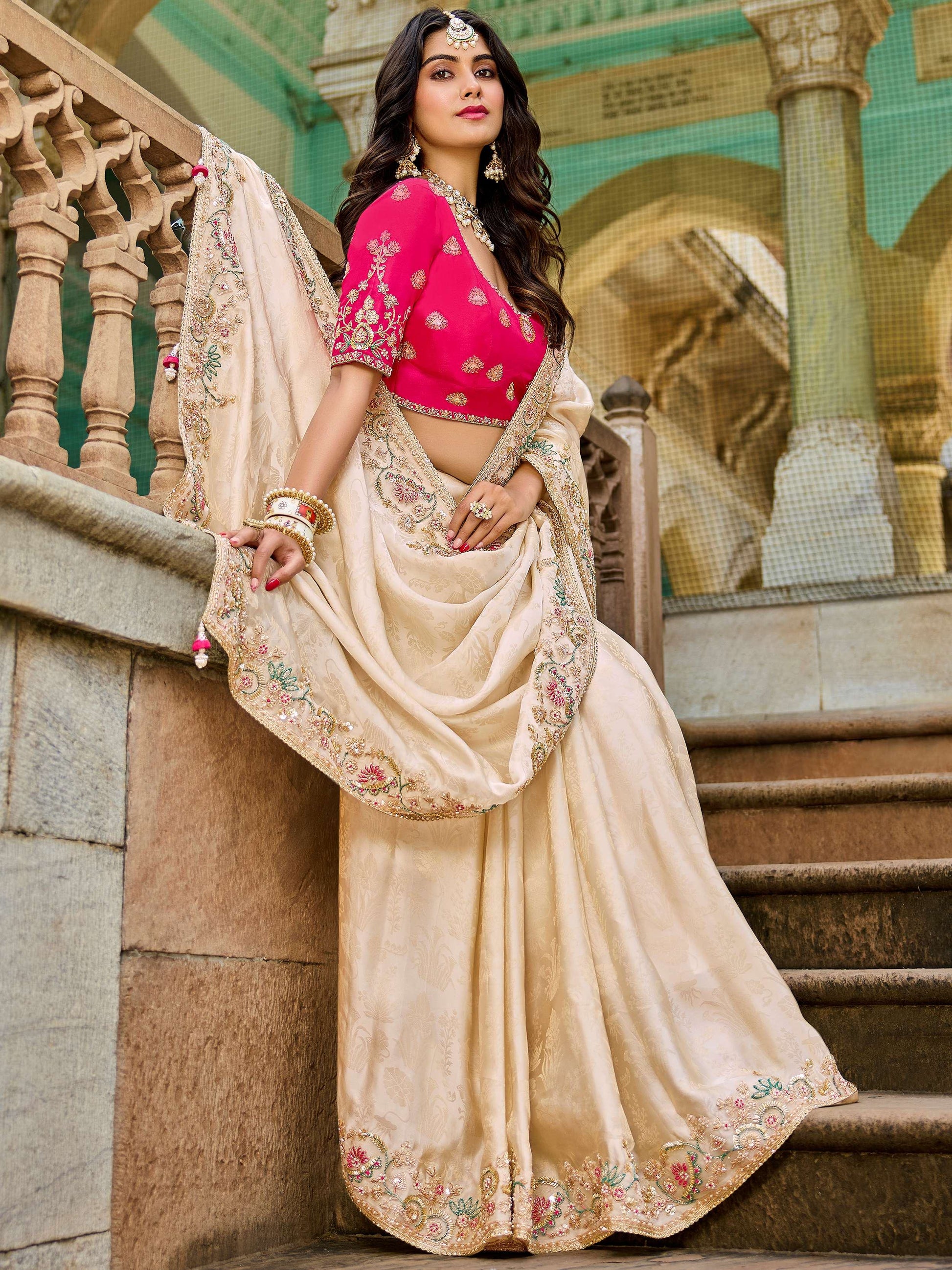 Dazzling Golden Zari Weaving Work Tissue Wedding Wear Saree