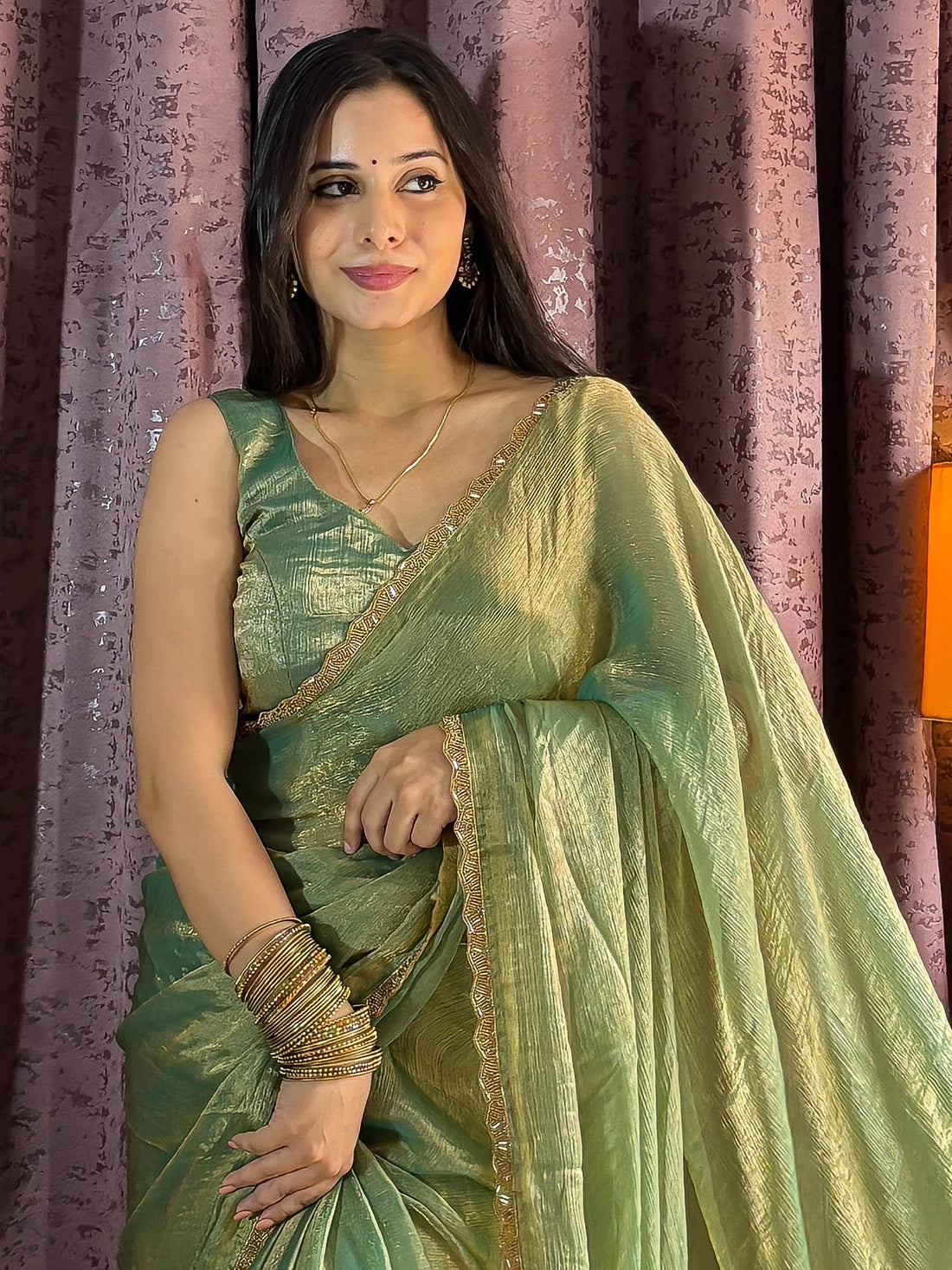 Dazzling Green Beads Hand Work Silk Saree With Blouse - Zeel Clothing