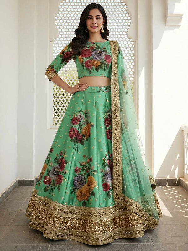 Dazzling Green Floral Printed Silk Mehendi Wear Lehenga Choli With Dupatta