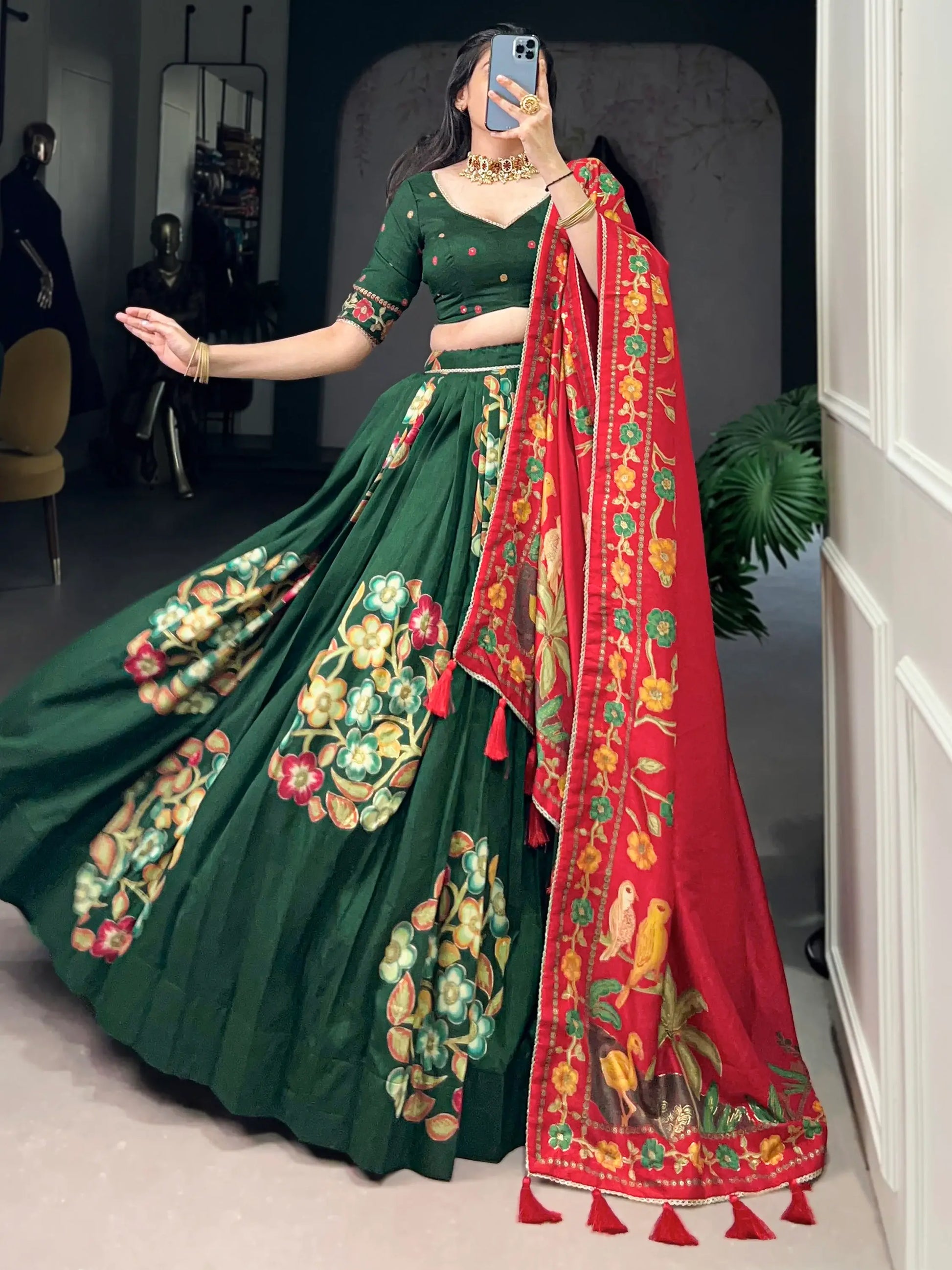 Dazzling Green Foil Work Tussar Silk Festival Wear Lehenga Choli - Zeel Clothing