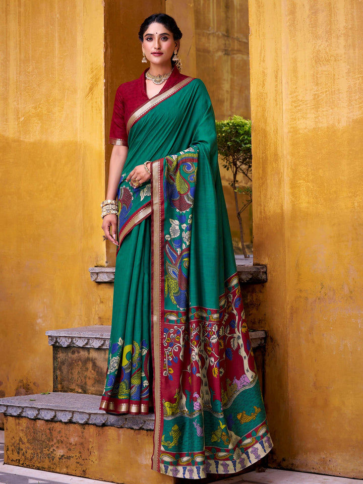 Dazzling Green Kalamkari Print Chanderi Silk Event Wear Saree With Blouse