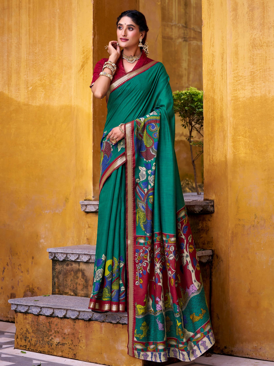 Dazzling Green Kalamkari Print Chanderi Silk Event Wear Saree With Blouse