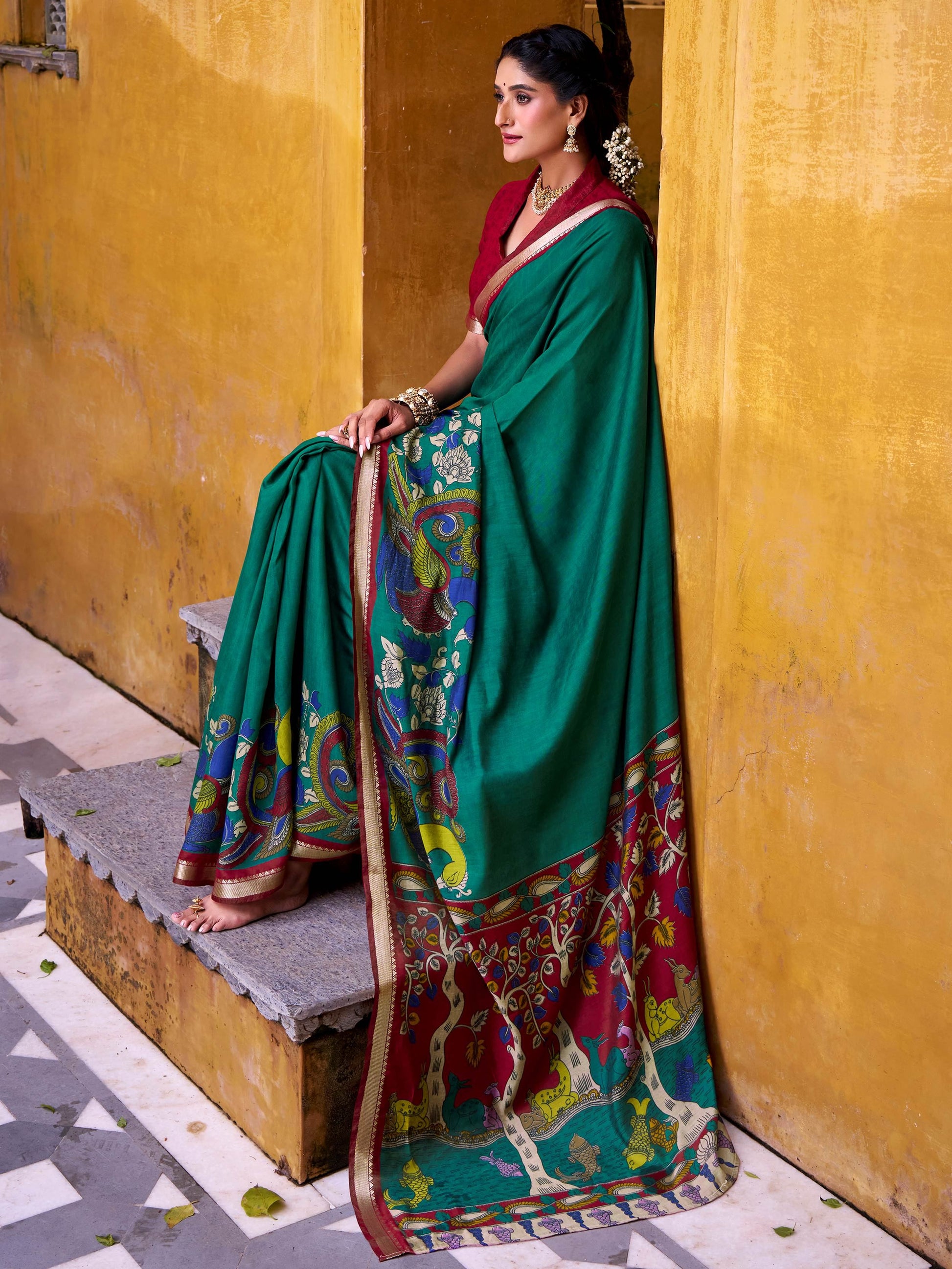 Dazzling Green Kalamkari Print Chanderi Silk Event Wear Saree With Blouse