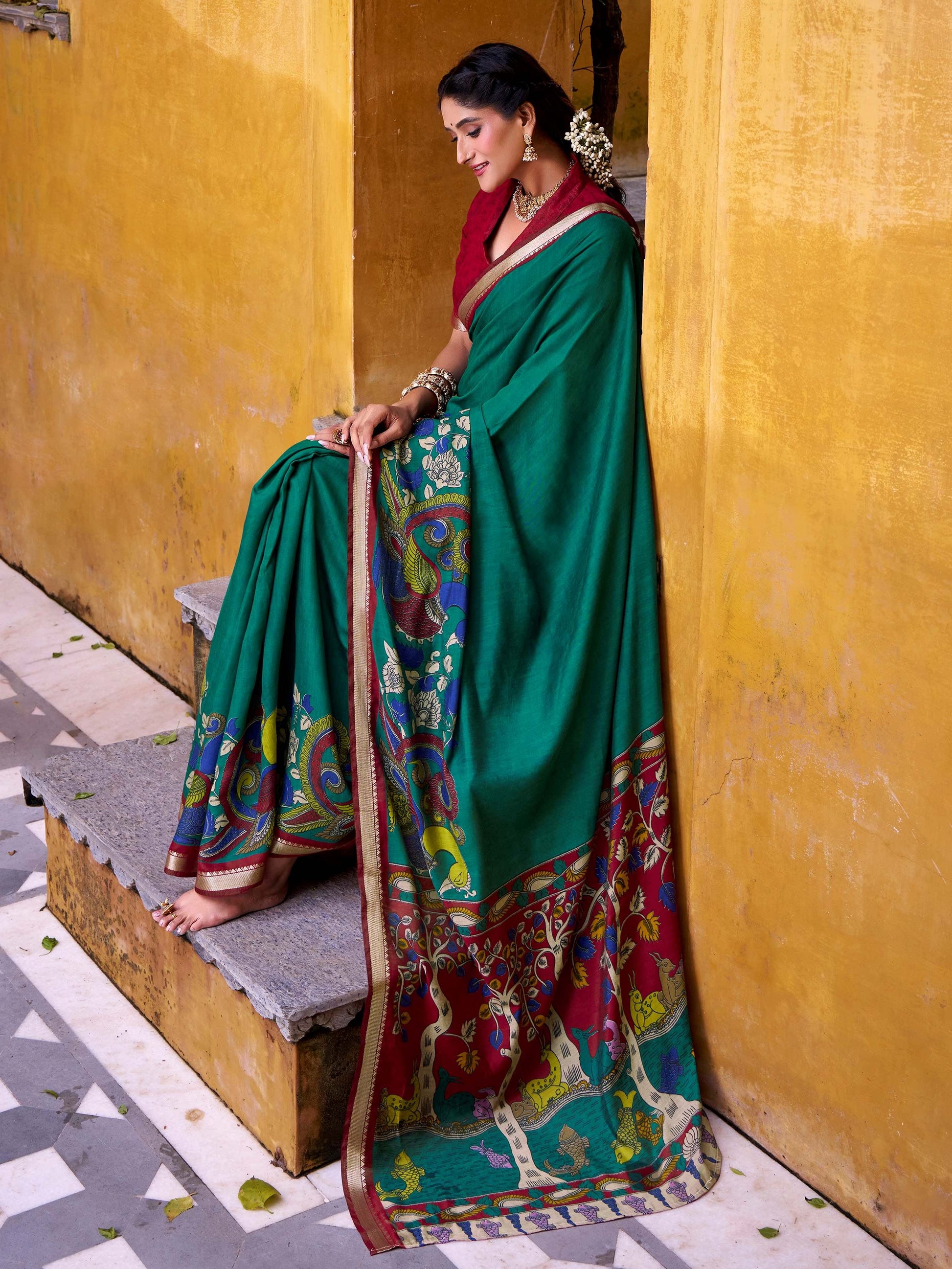 Dazzling Green Kalamkari Print Chanderi Silk Event Wear Saree With Blouse