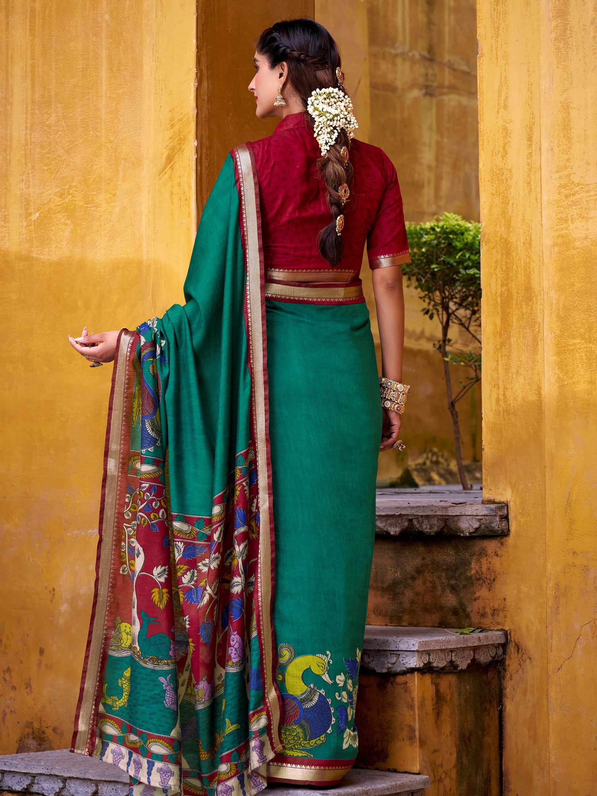 Dazzling Green Kalamkari Print Chanderi Silk Event Wear Saree With Blouse
