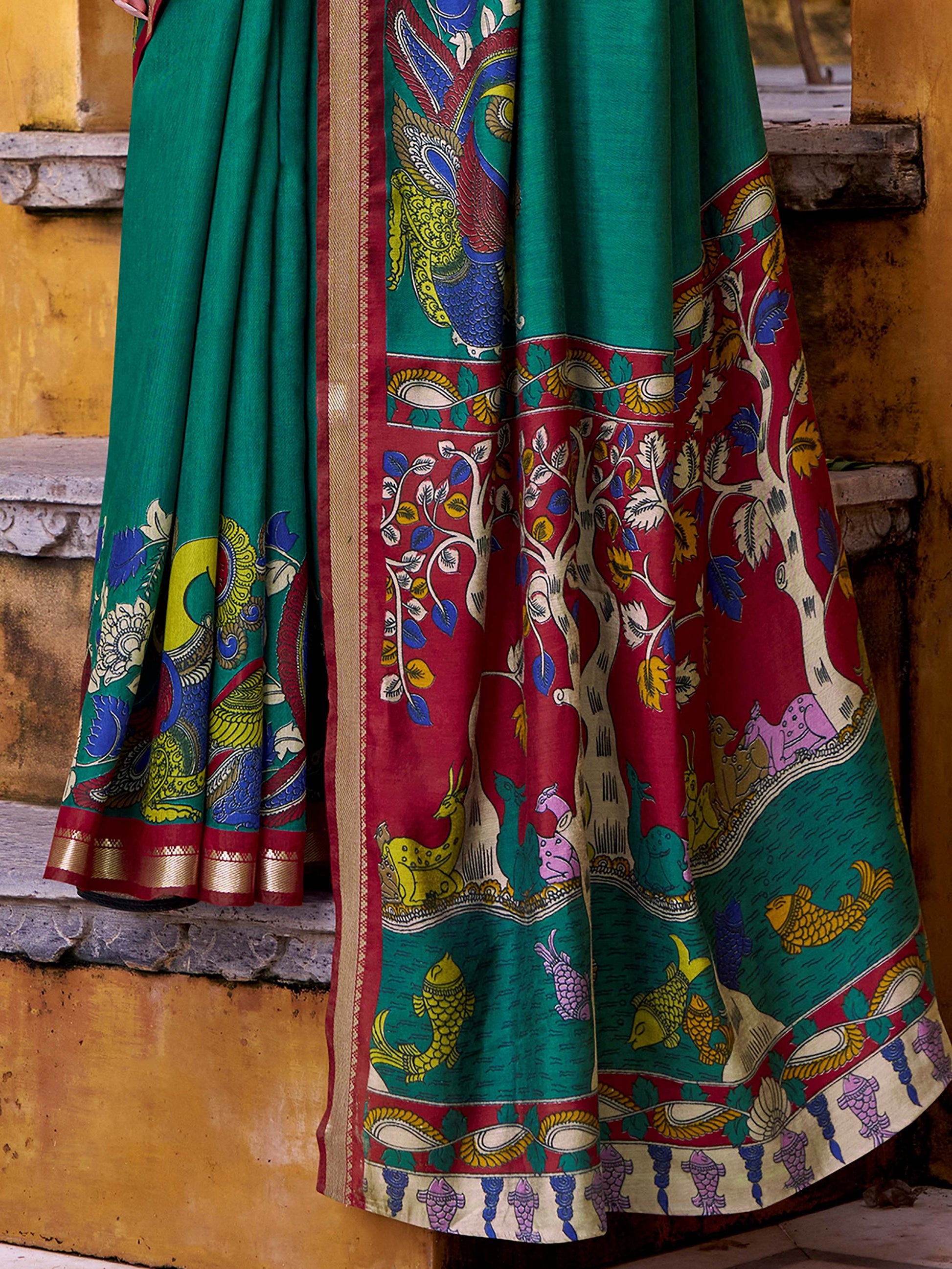 Dazzling Green Kalamkari Print Chanderi Silk Event Wear Saree With Blouse
