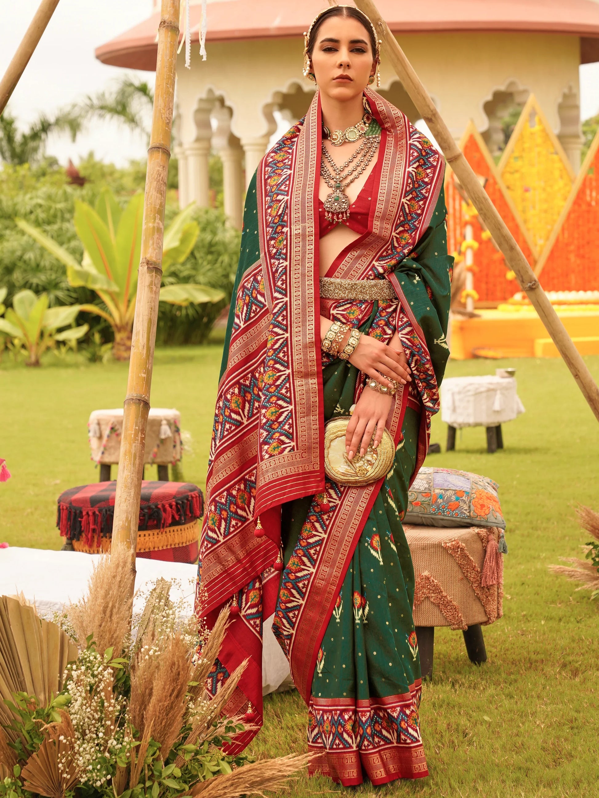 Dazzling Green Patola Printed Silk Engagement Wear Saree With Blouse - Zeel Clothing