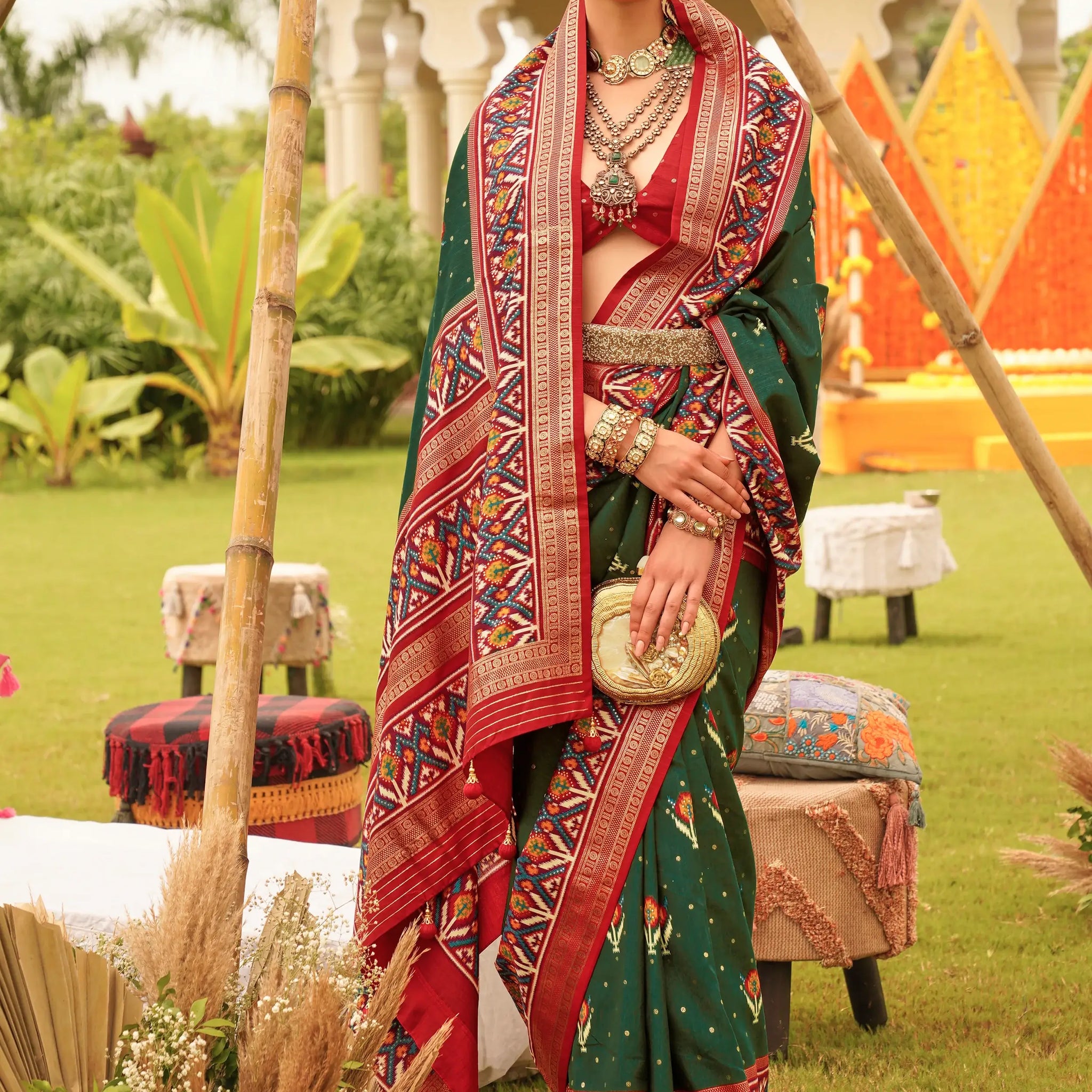 Dazzling Green Patola Printed Silk Engagement Wear Saree With Blouse - Zeel Clothing