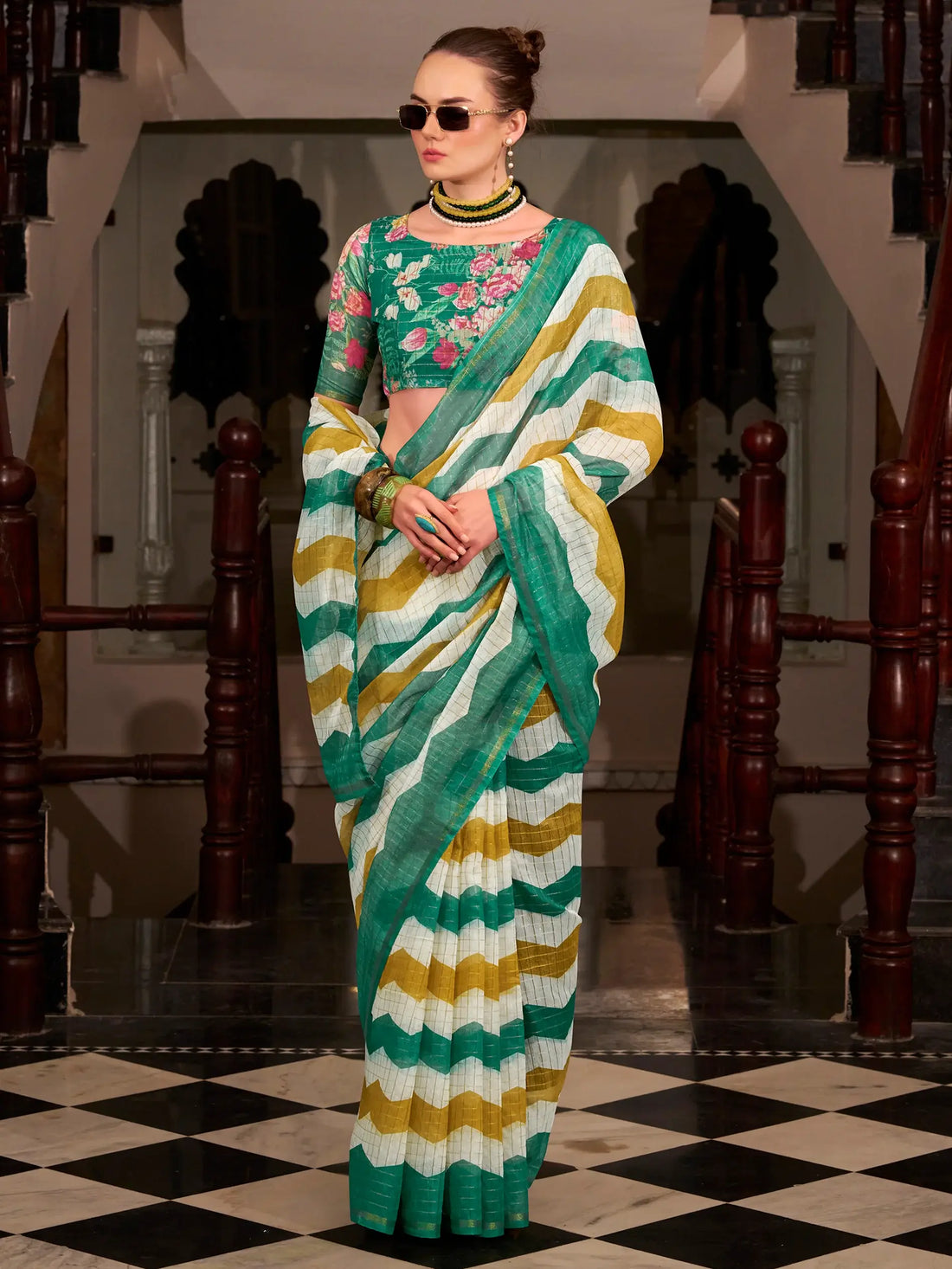 Dazzling Green Printed Cotton Festive Wear Saree With Floral Printed Blouse - Zeel Clothing