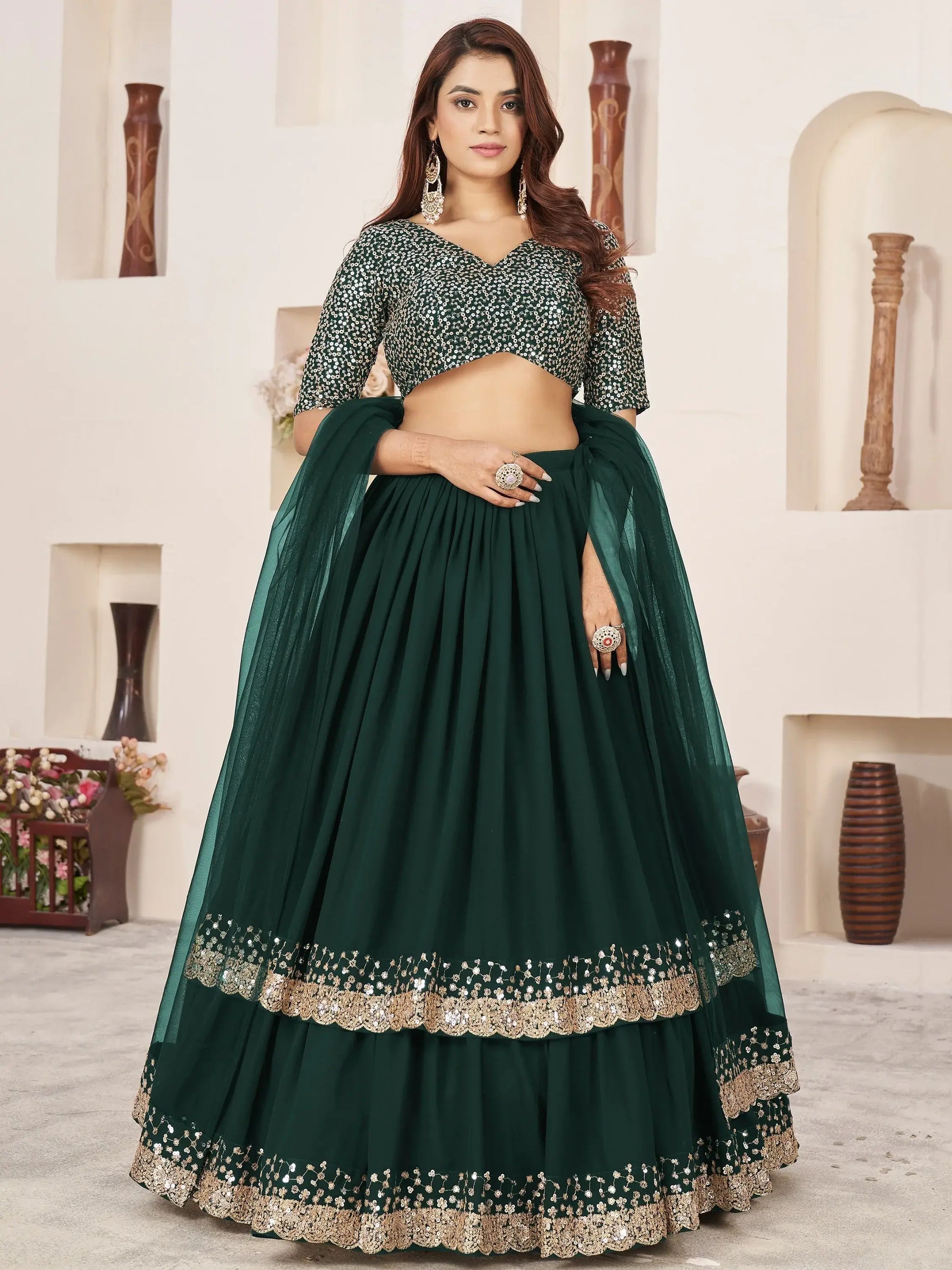 Dazzling Green Sequins Georgette Wedding Wear Lehenga Choli - Zeel Clothing