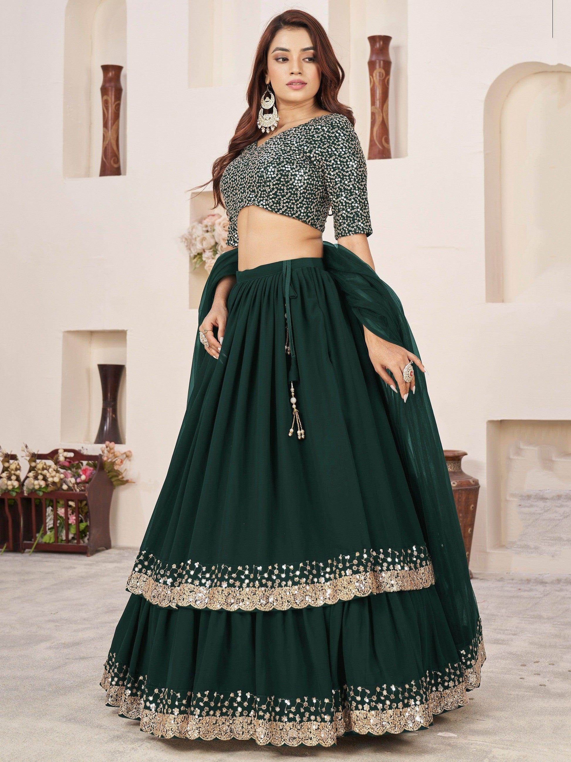 Dazzling Green Sequins Georgette Wedding Wear Lehenga Choli - Zeel Clothing