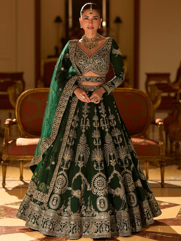 Dazzling Green Sequins Work Silk Bridesmaid Lehenga Choli With Dupatta