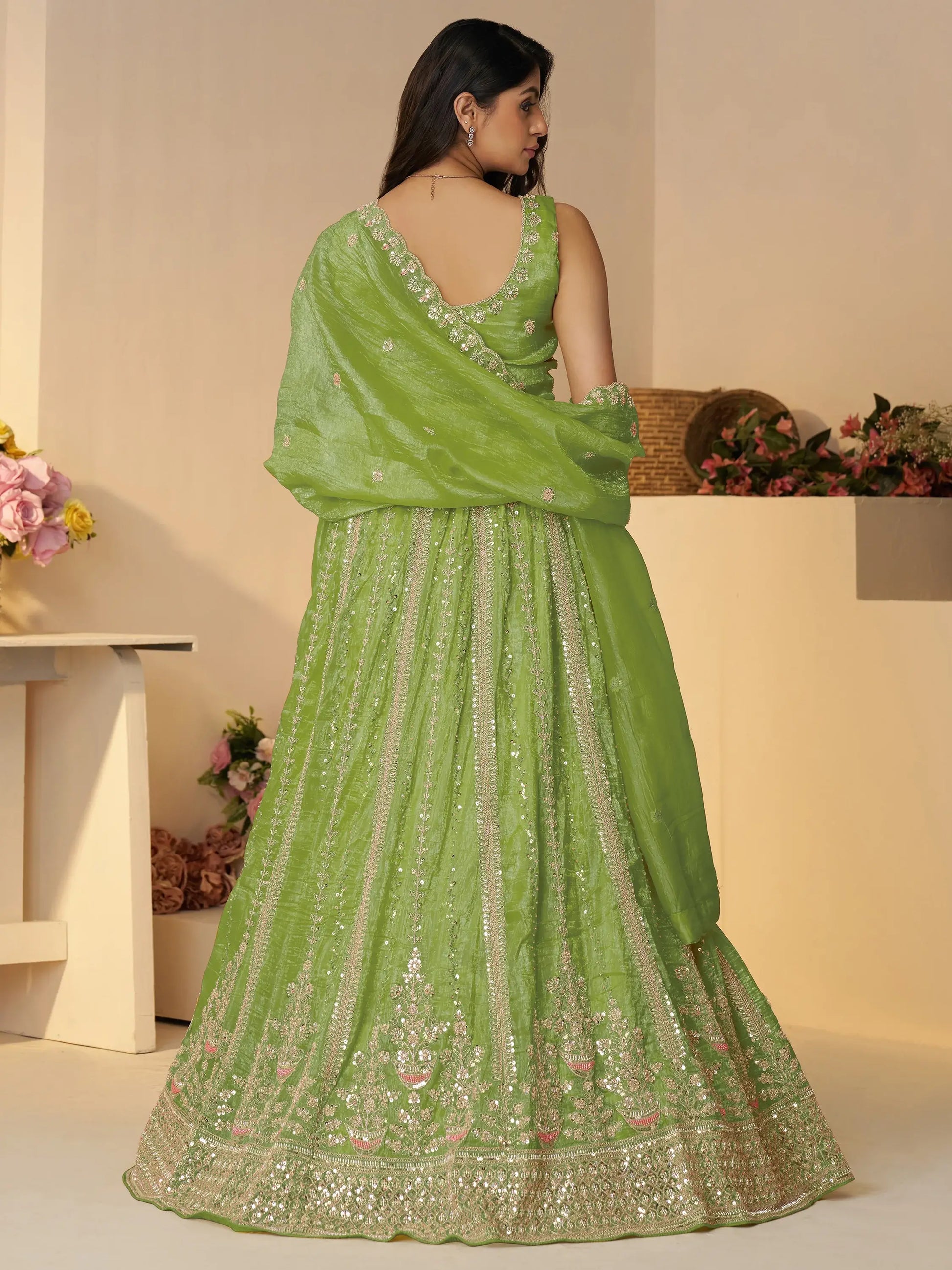 Dazzling Green Sequins Work Silk Wedding Lehenga Choli With Dupatta - Zeel Clothing