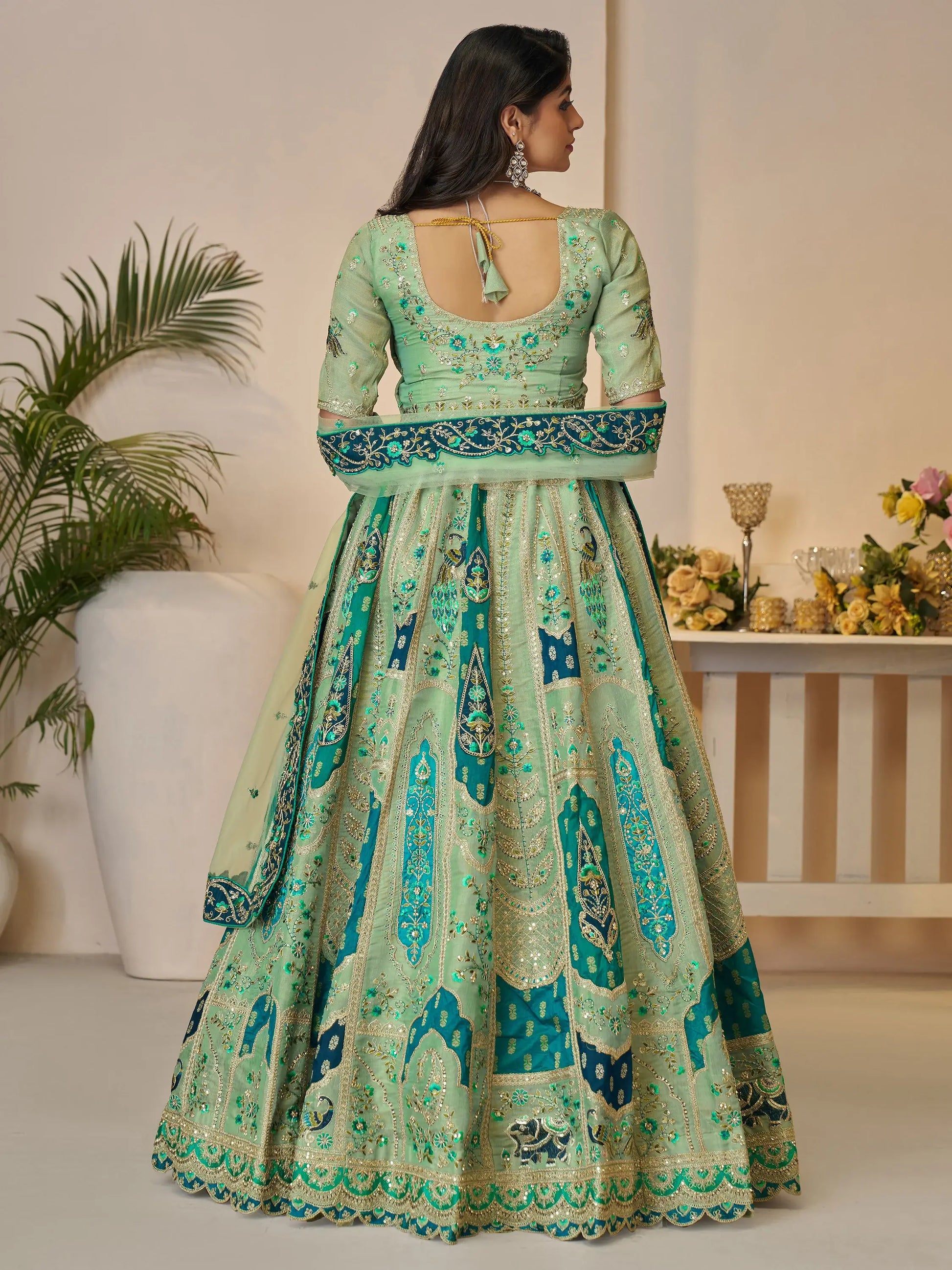 Dazzling Green Thread Work Banarasi Silk Wedding Lehenga Choli - Zeel Clothing