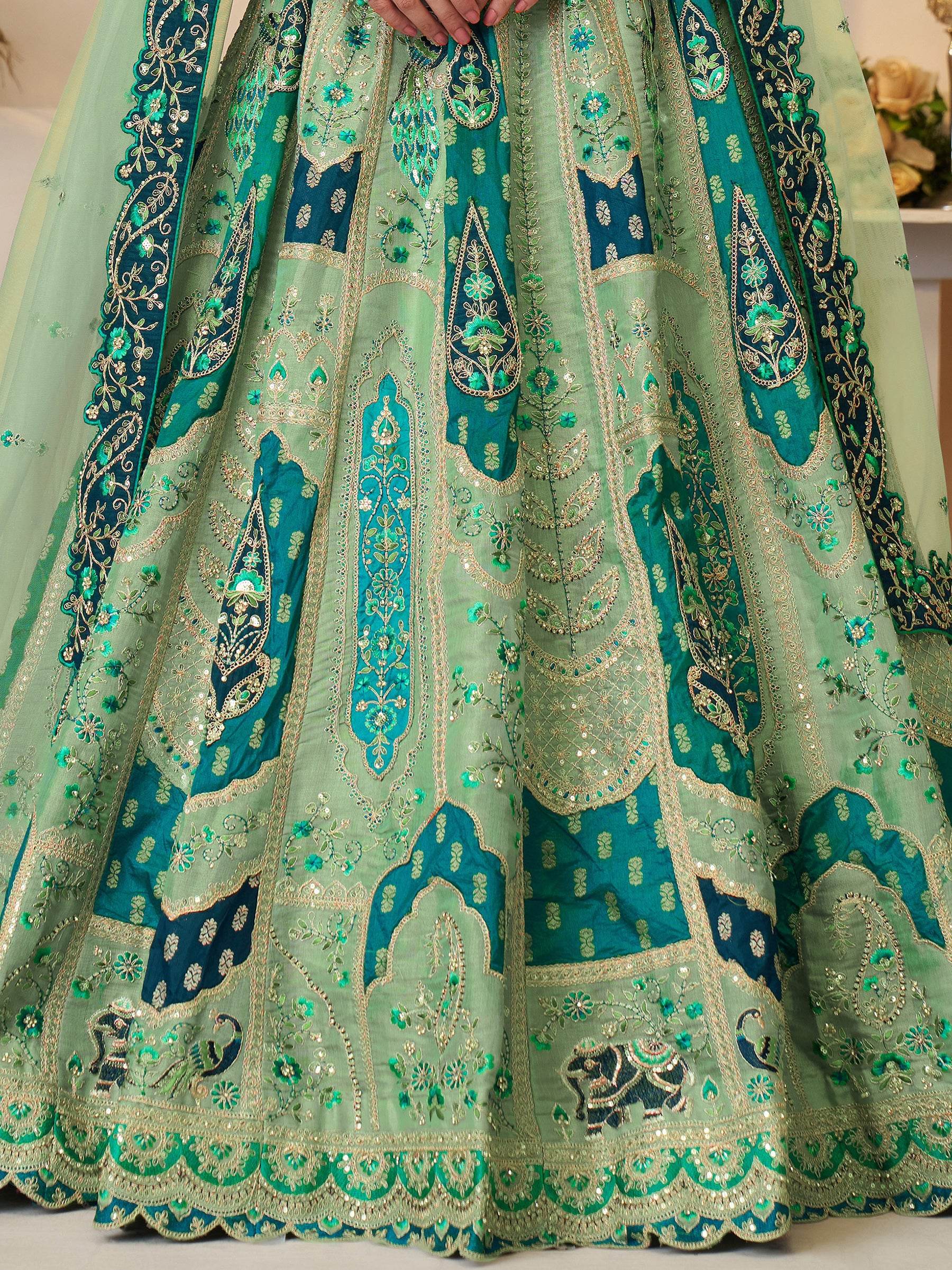 Dazzling Green Thread Work Banarasi Silk Wedding Lehenga Choli - Zeel Clothing