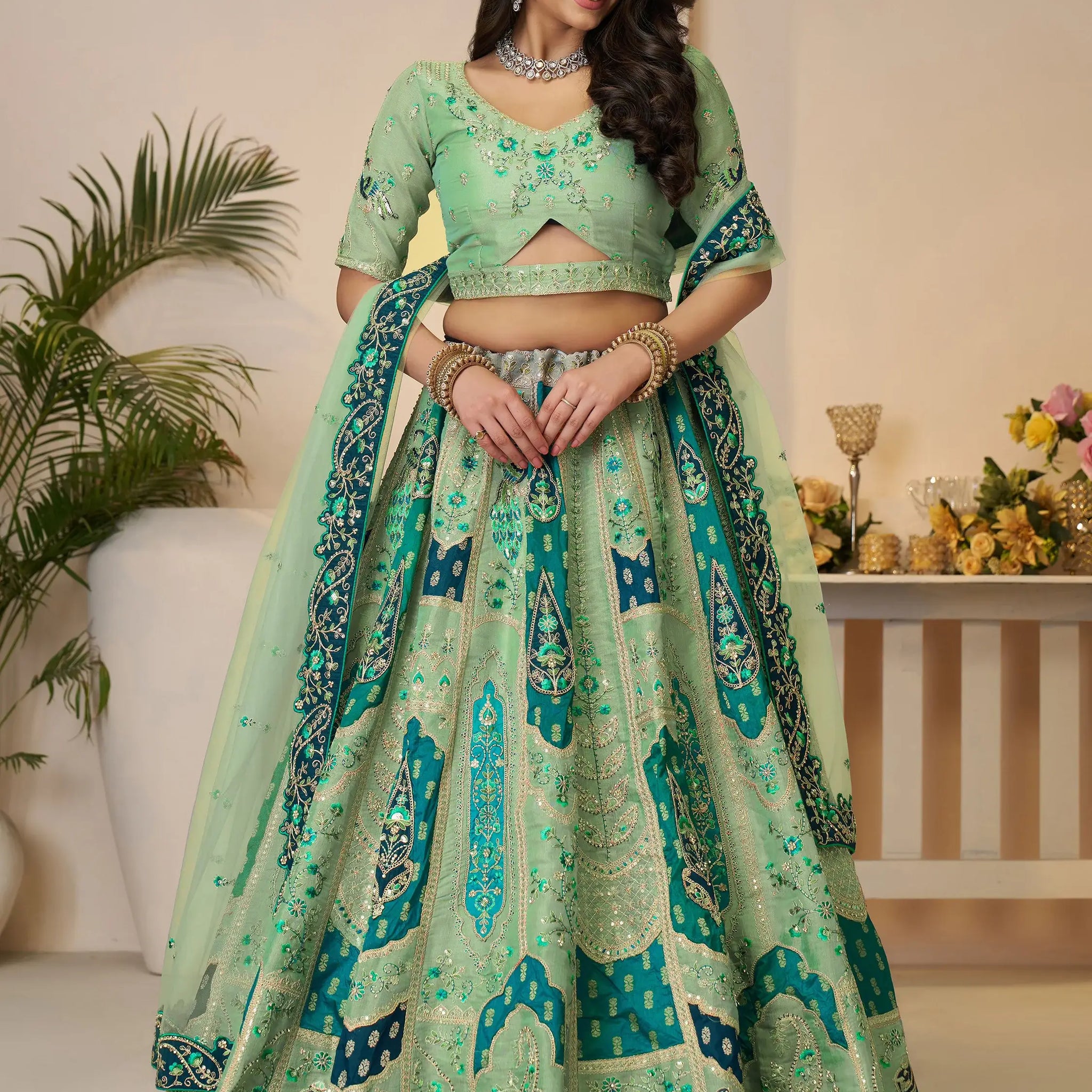 Dazzling Green Thread Work Banarasi Silk Wedding Lehenga Choli - Zeel Clothing