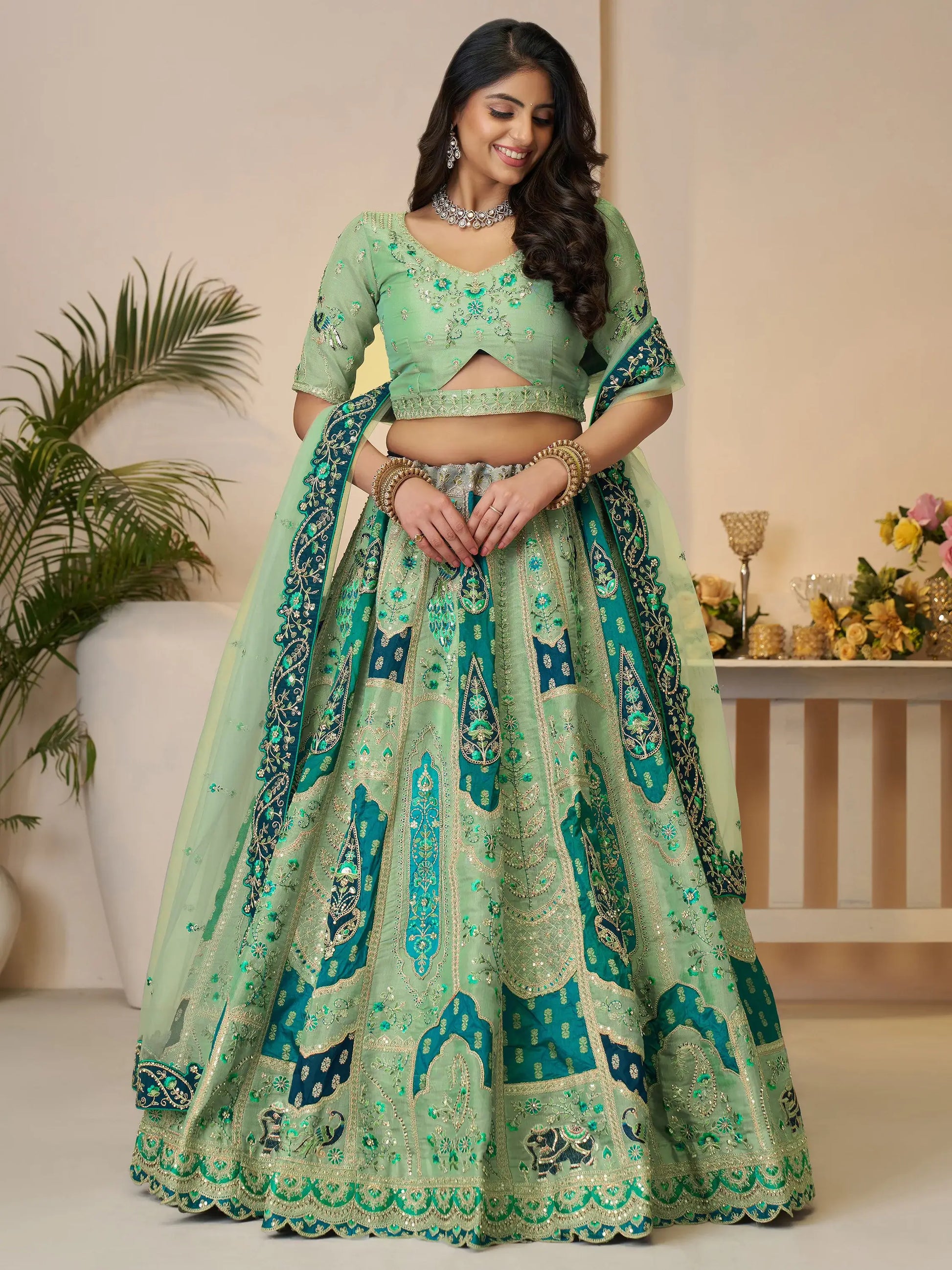 Dazzling Green Thread Work Banarasi Silk Wedding Lehenga Choli - Zeel Clothing