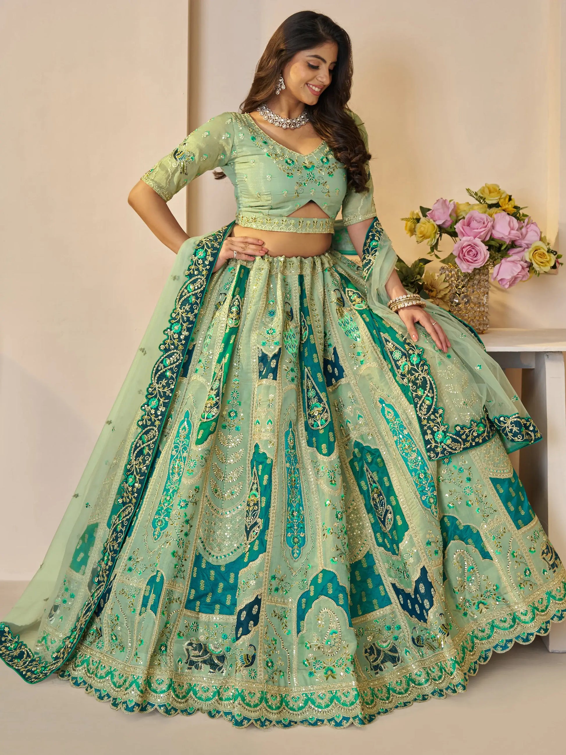 Dazzling Green Thread Work Banarasi Silk Wedding Lehenga Choli - Zeel Clothing
