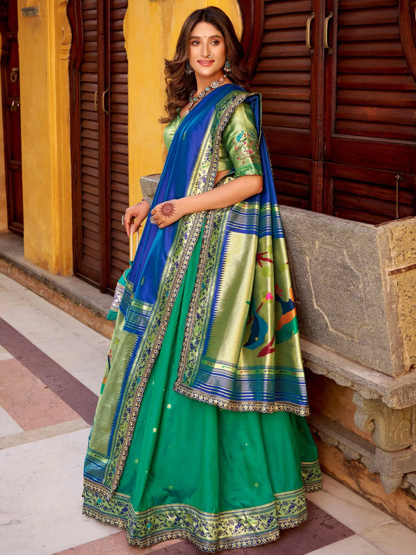 Dazzling Green Zari Weaving Silk  Engagement Wear Lehenga With Dupatta