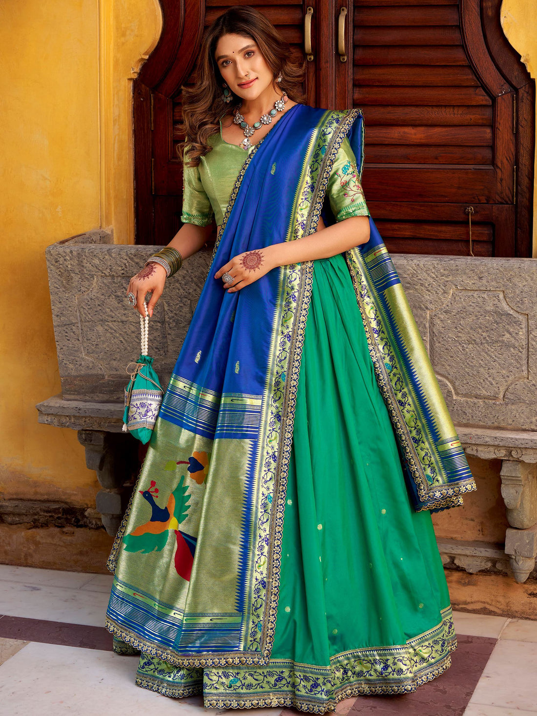 Dazzling Green Zari Weaving Silk  Engagement Wear Lehenga With Dupatta