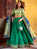Dazzling Green Zari Weaving Silk  Engagement Wear Lehenga With Dupatta