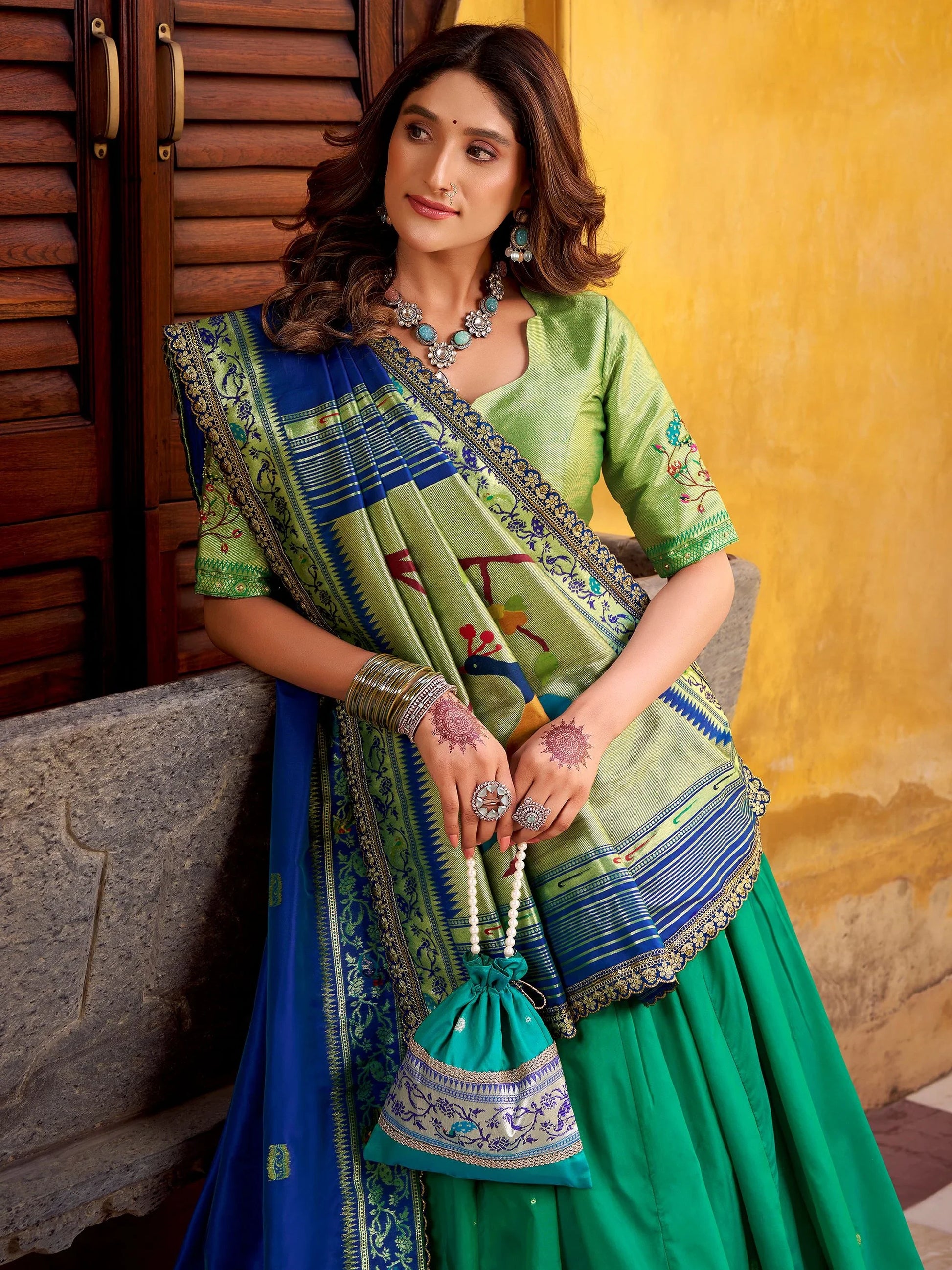 Dazzling Green Zari Weaving Silk  Engagement Wear Lehenga With Dupatta