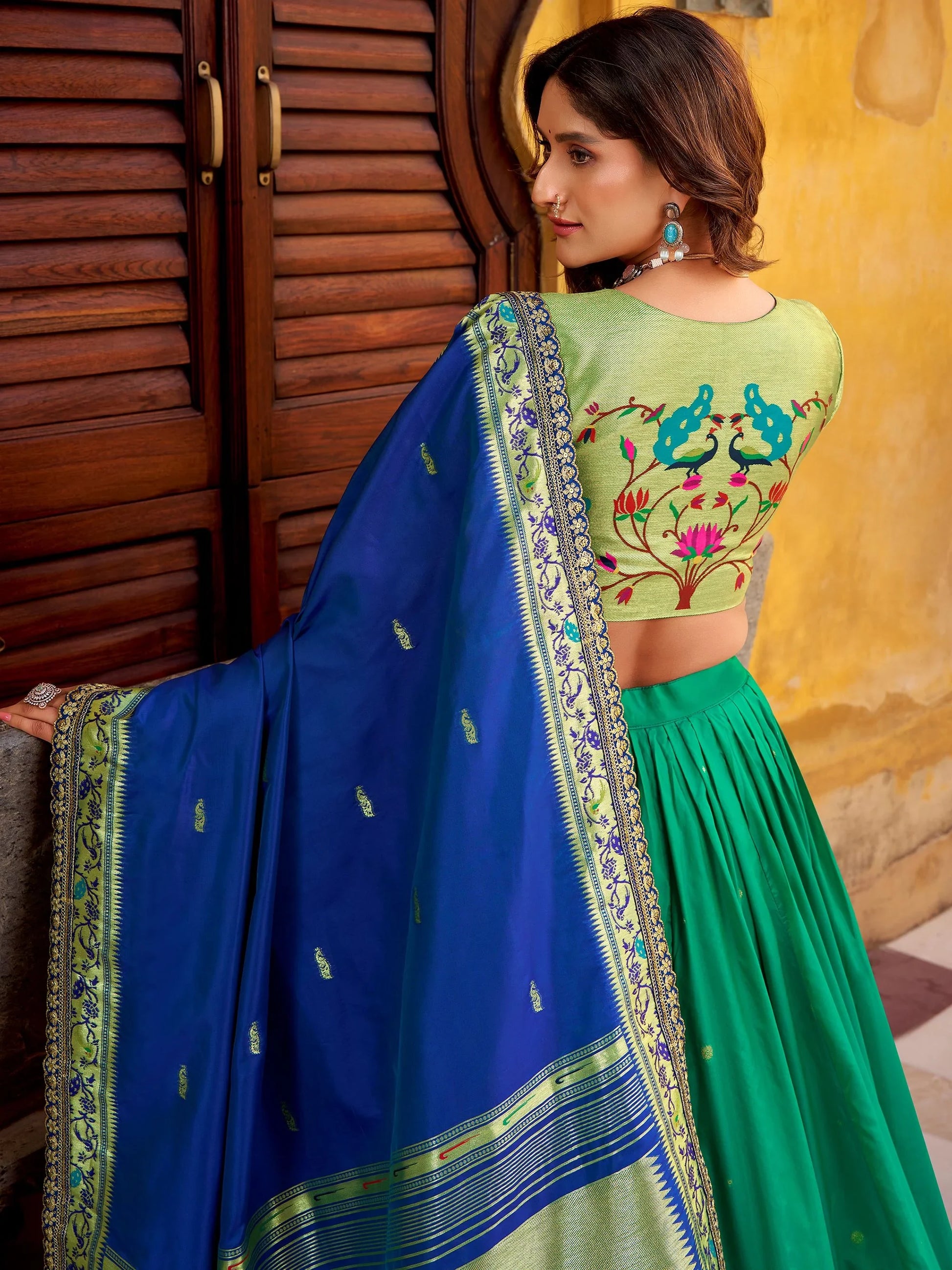 Dazzling Green Zari Weaving Silk  Engagement Wear Lehenga With Dupatta