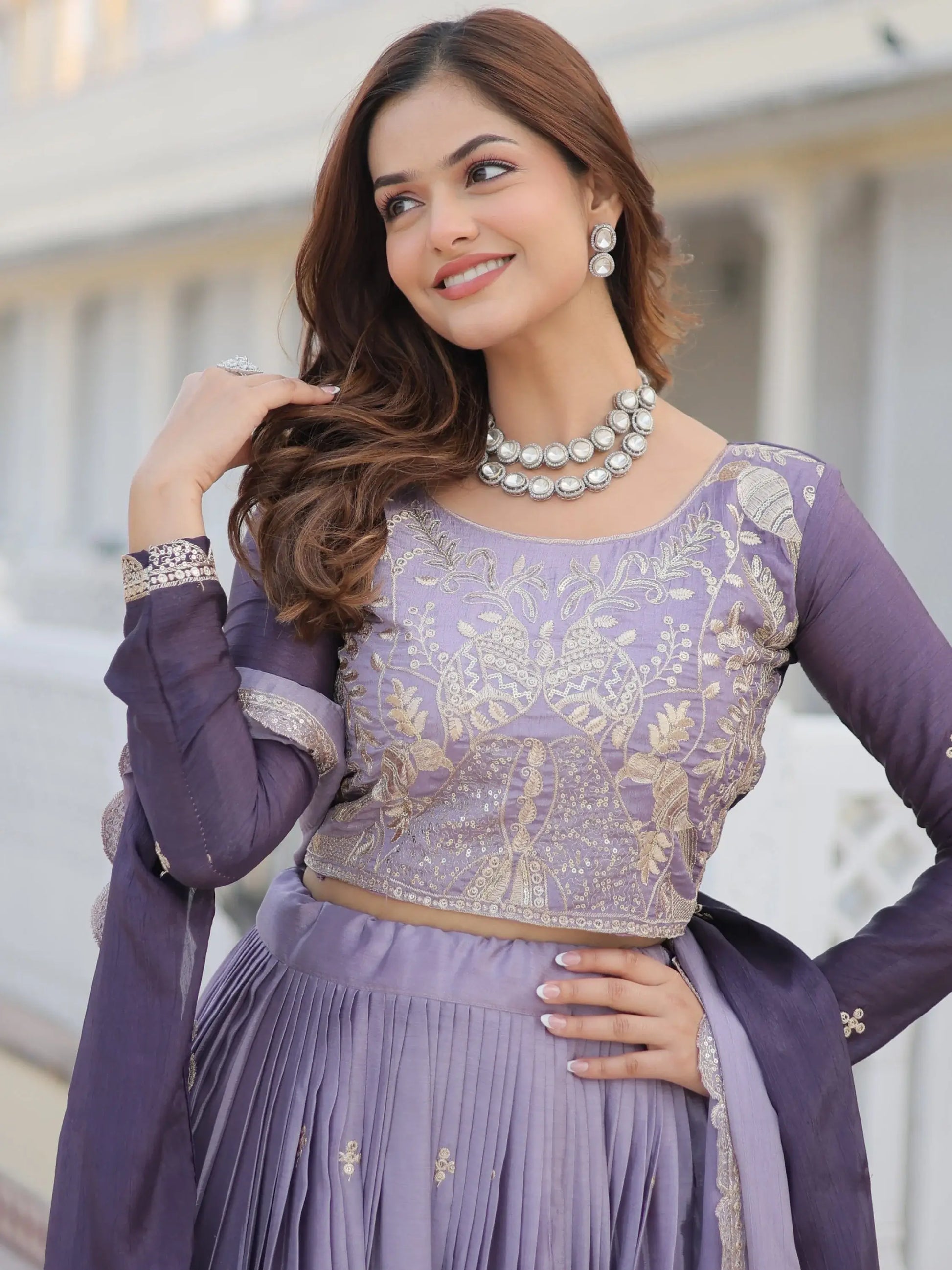 Dazzling Grey Sequins Chinon Bridesmaid Lehenga Choli With Dupatta - Zeel Clothing