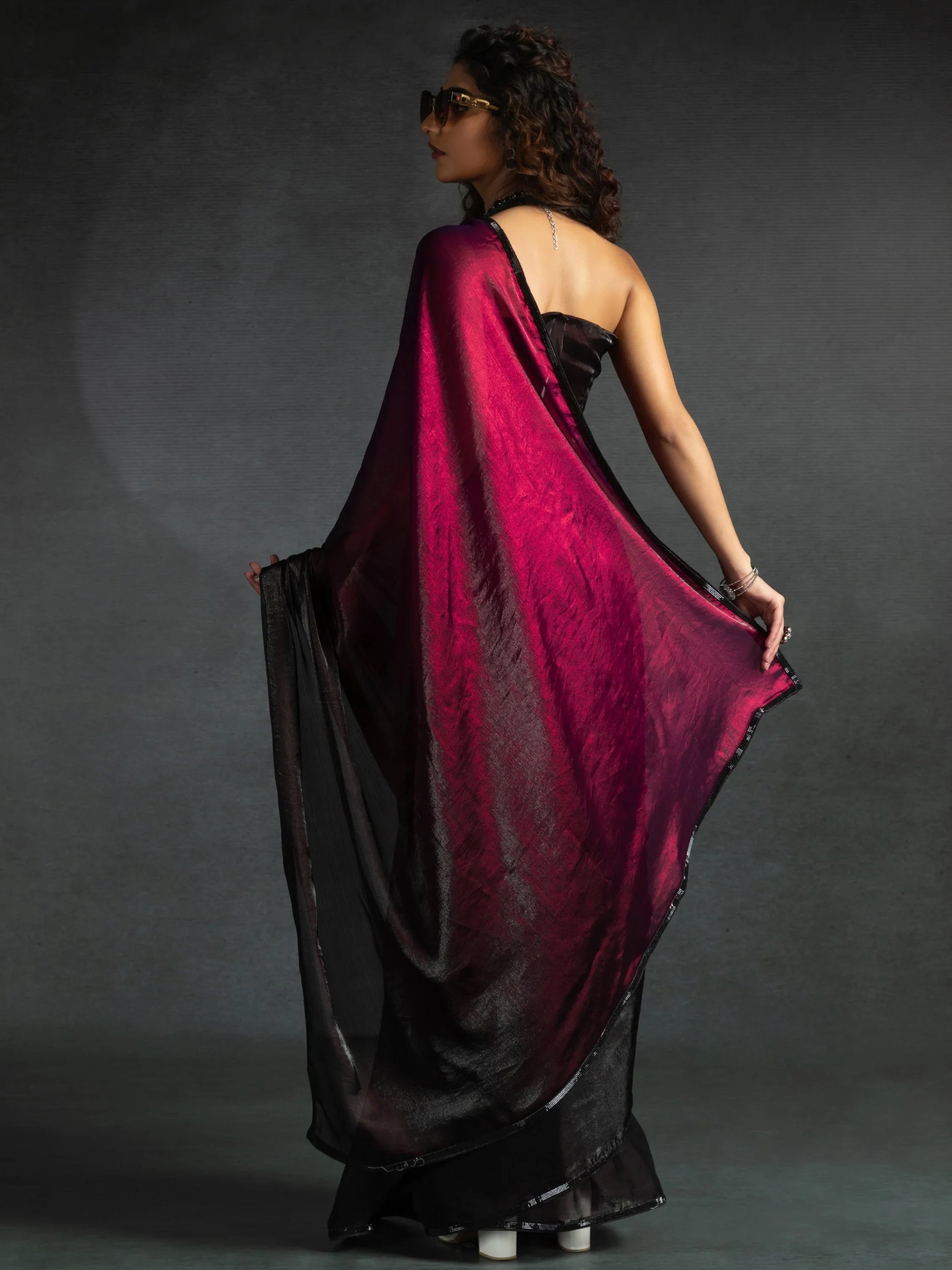 Dazzling Hot Pink Border Work Satin Festive Wear Pre-Stitched Saree - Zeel Clothing