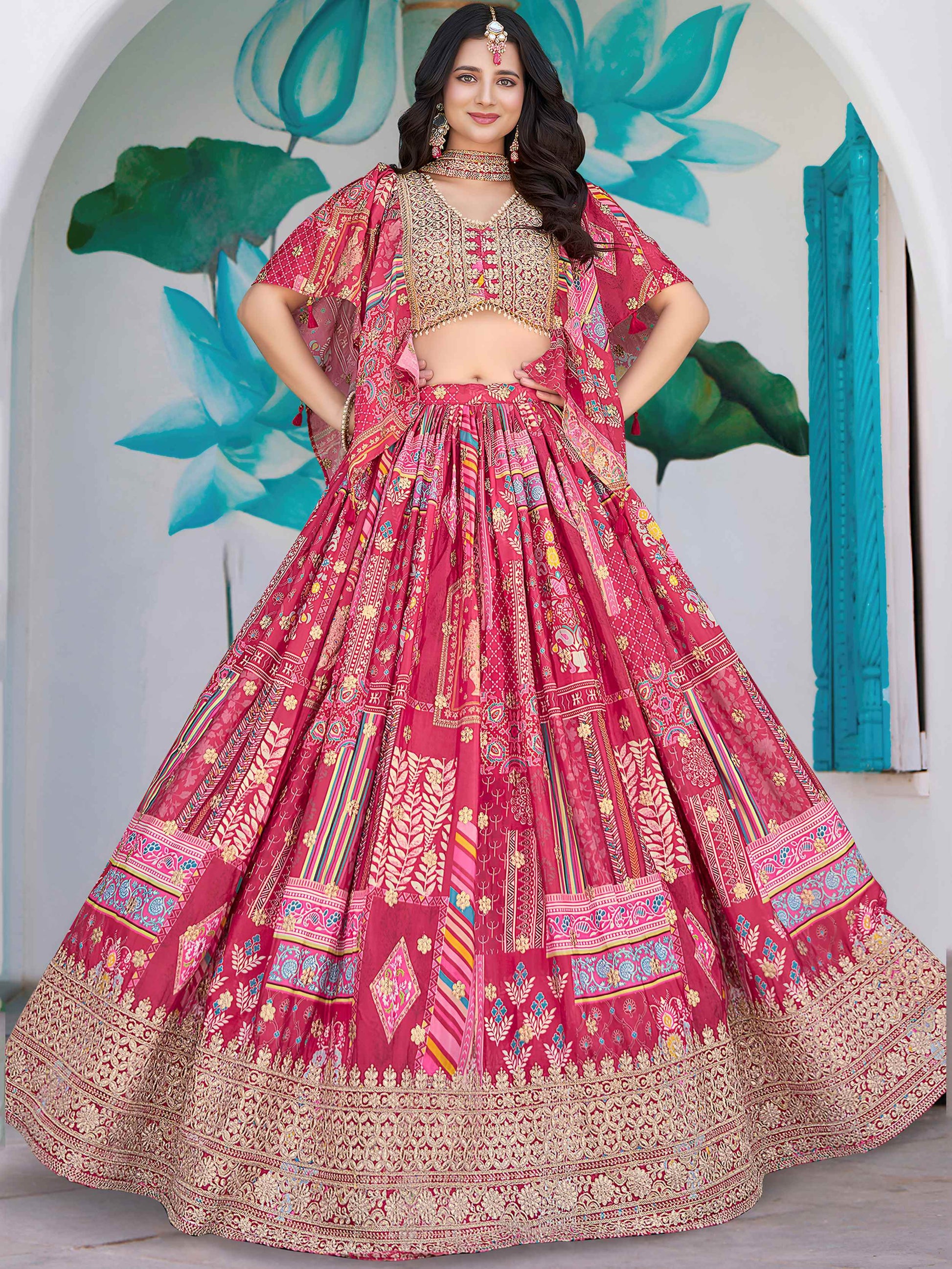 Dazzling Hot Pink Digital Printed Chinon Engagement Wear Lehenga Choli - Zeel Clothing
