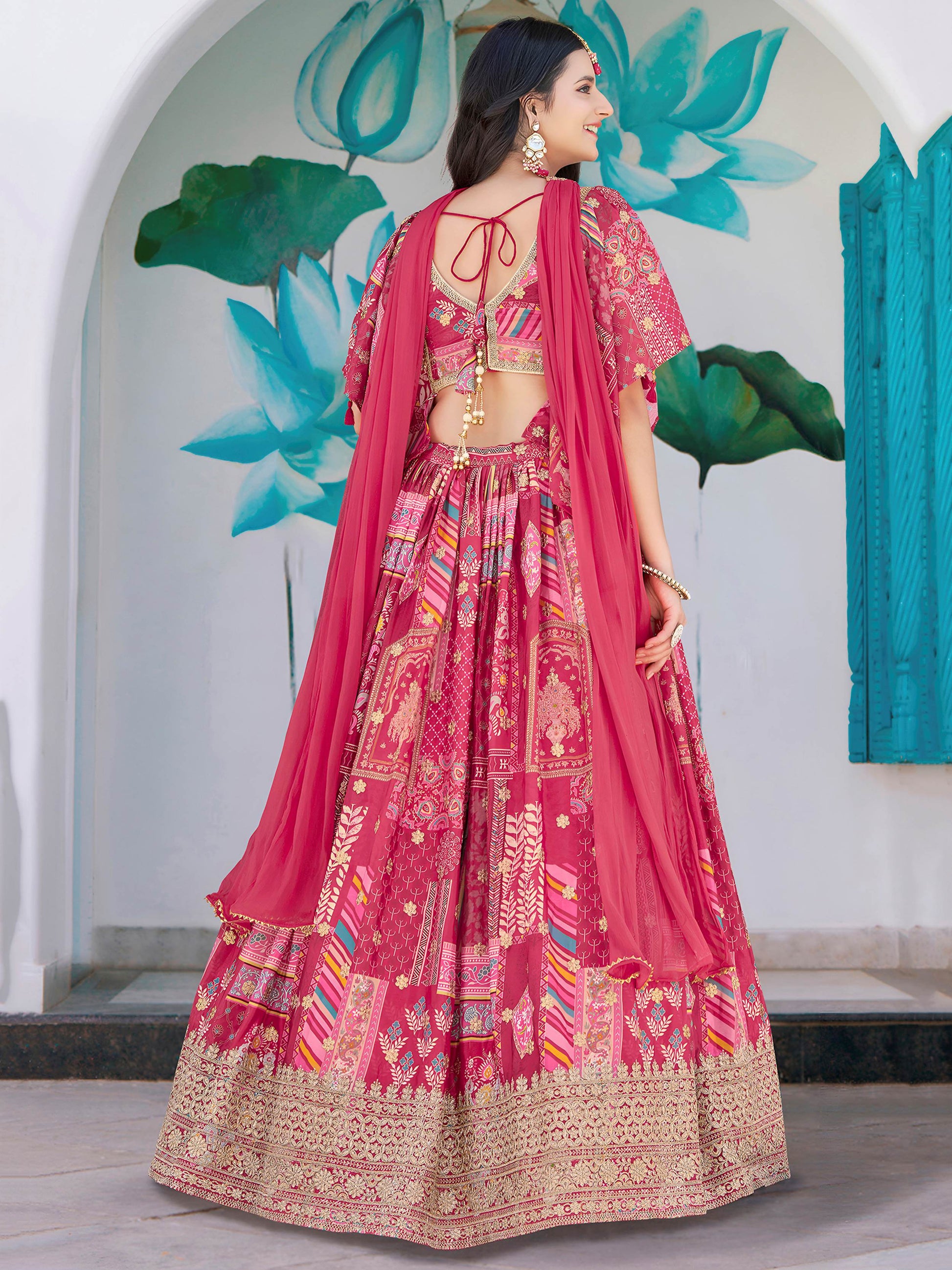 Dazzling Hot Pink Digital Printed Chinon Engagement Wear Lehenga Choli - Zeel Clothing