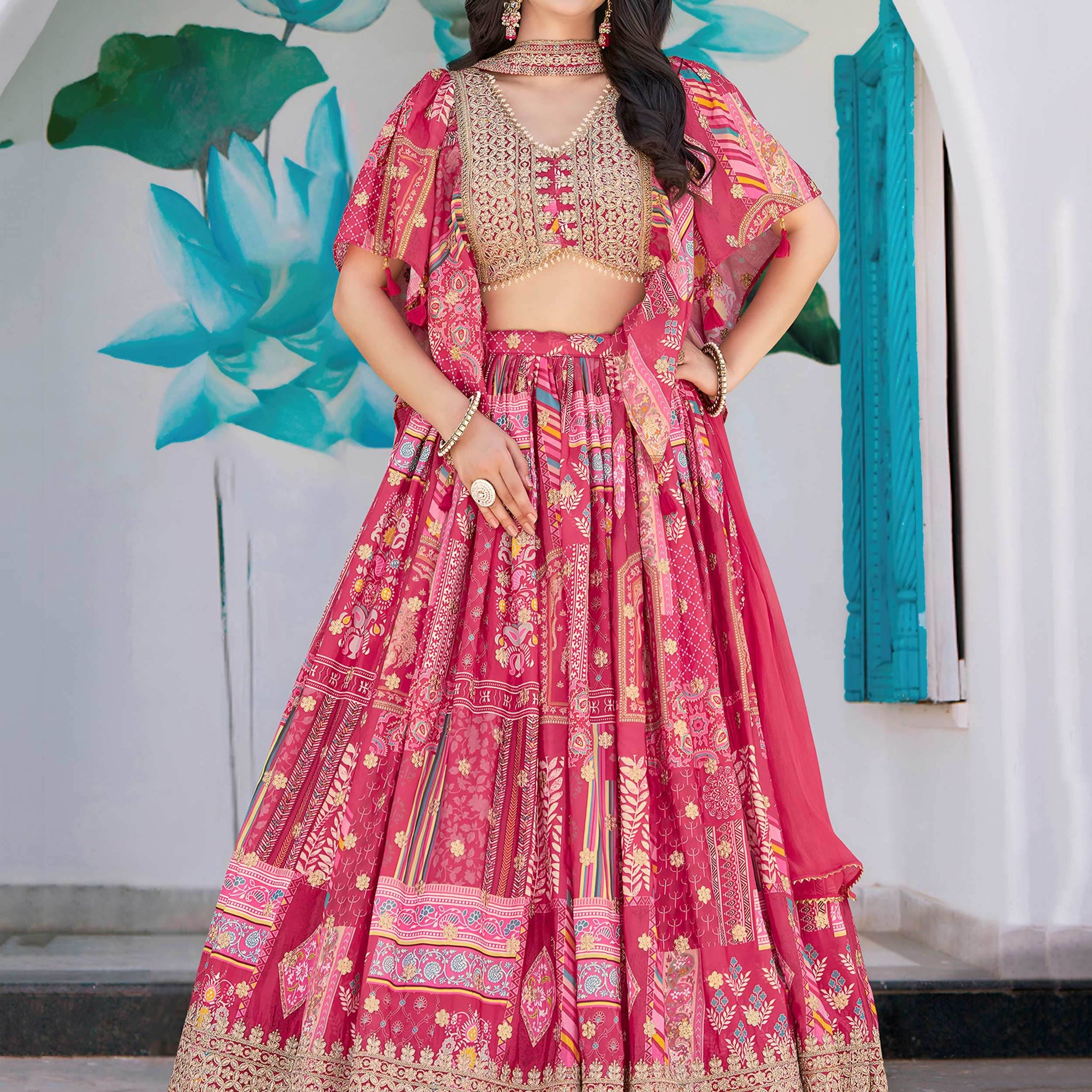 Dazzling Hot Pink Digital Printed Chinon Engagement Wear Lehenga Choli - Zeel Clothing