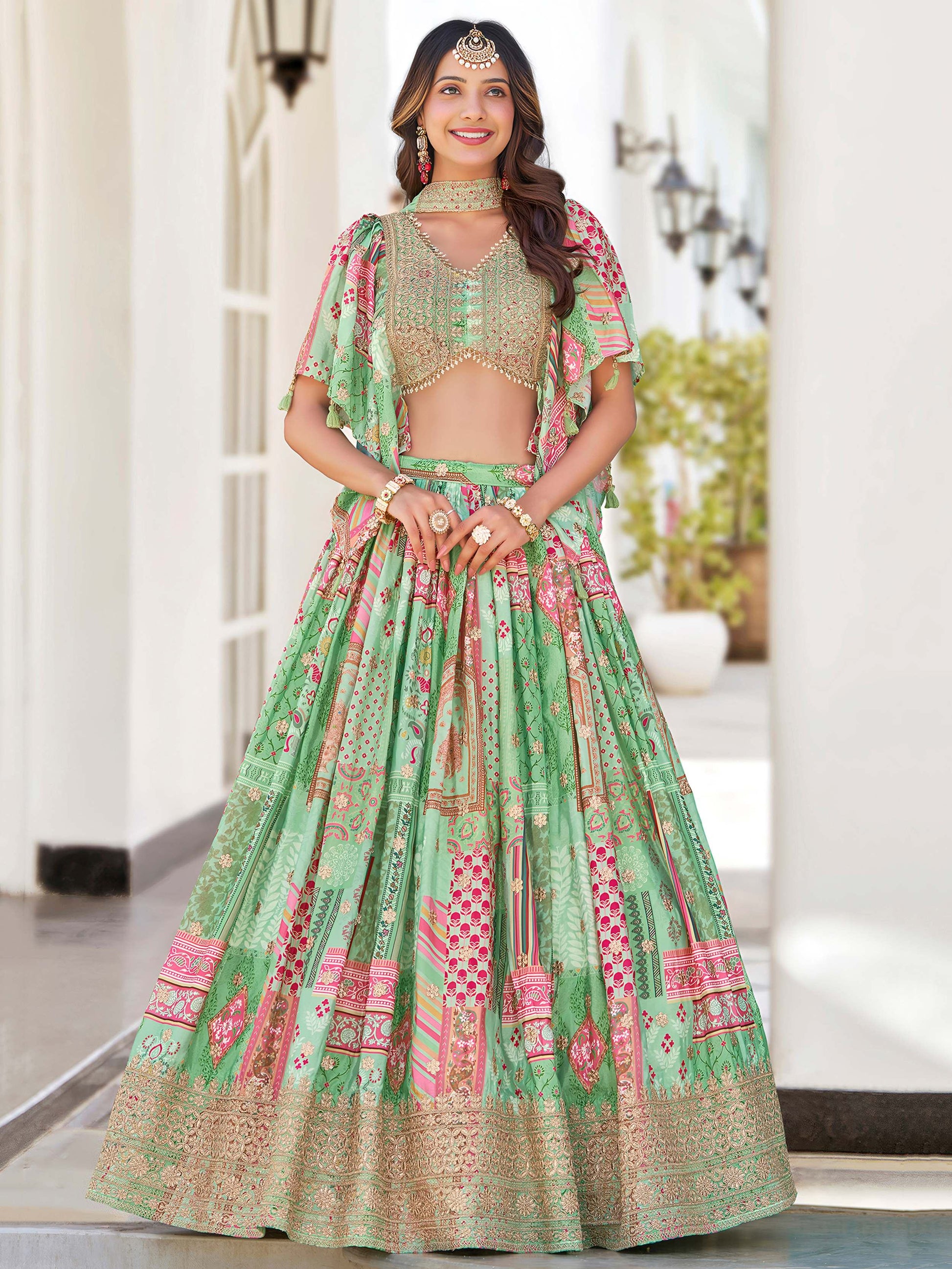 Dazzling Light Green Dori Embroidery Chinon Mehendi Wear Lehenga Choli With Dupatta - Zeel Clothing
