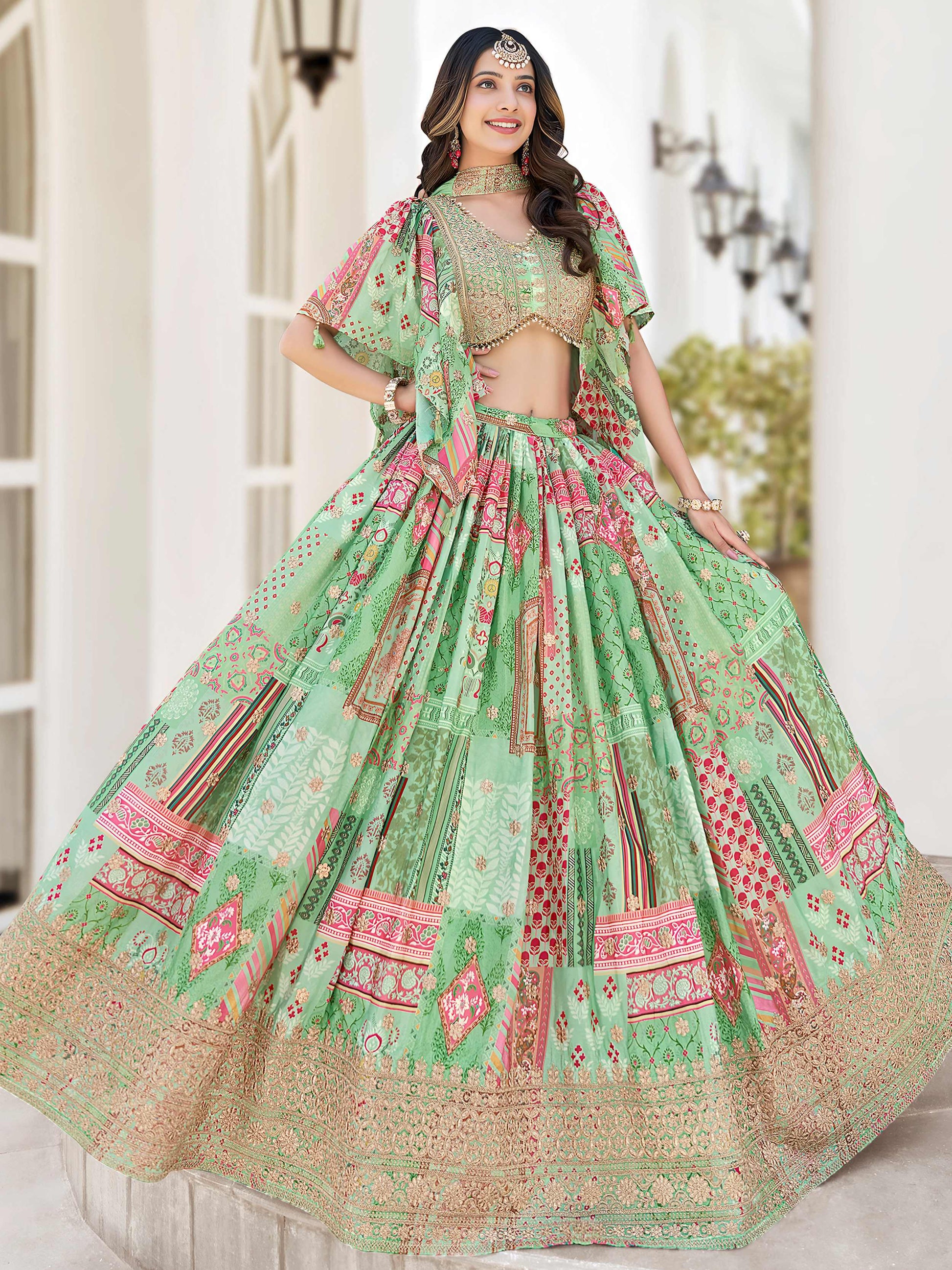 Dazzling Light Green Dori Embroidery Chinon Mehendi Wear Lehenga Choli With Dupatta - Zeel Clothing