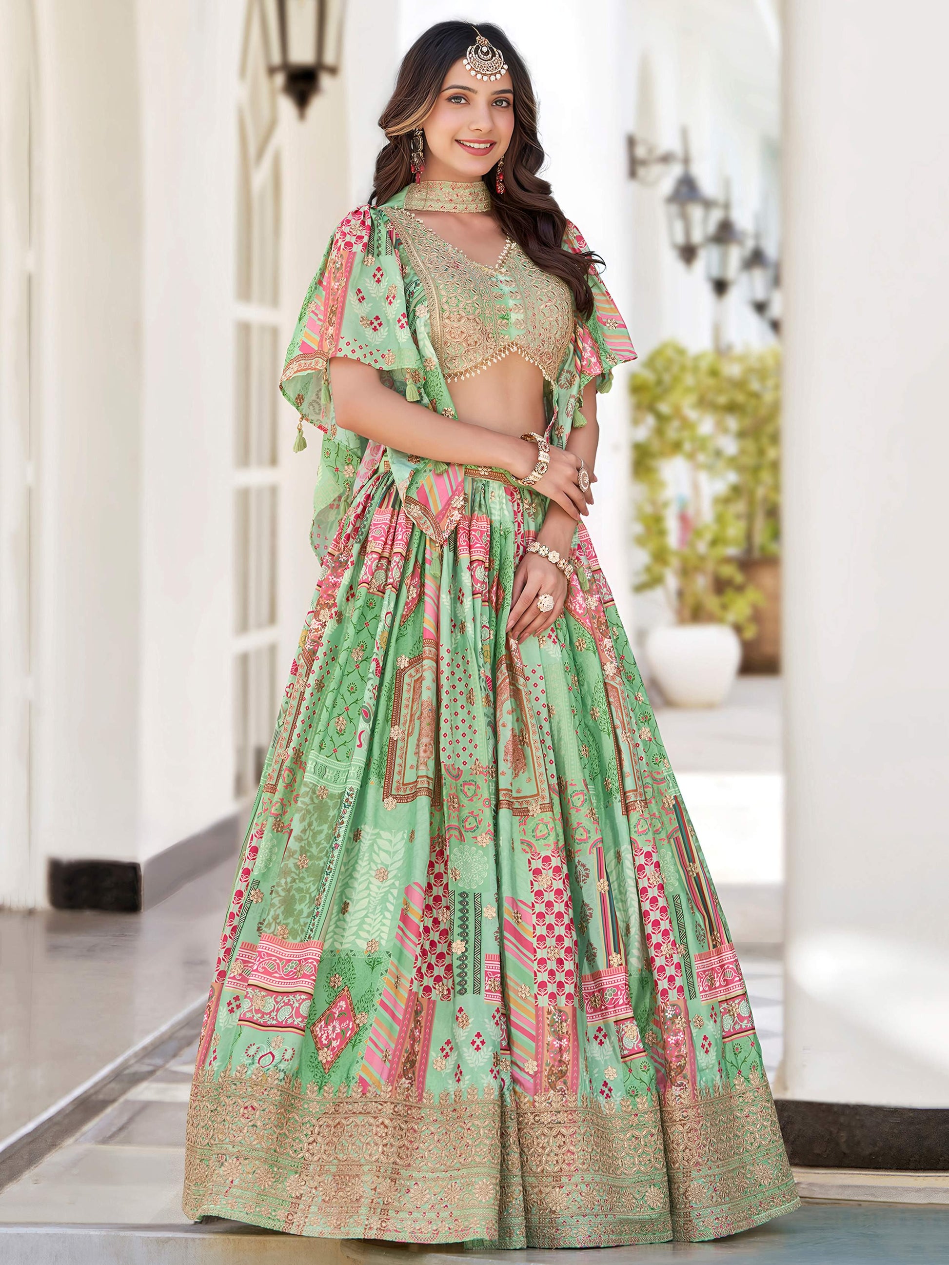 Dazzling Light Green Dori Embroidery Chinon Mehendi Wear Lehenga Choli With Dupatta - Zeel Clothing