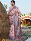 Pink floral print saree with purple border, elegant women's ethnic wear for festive occasions