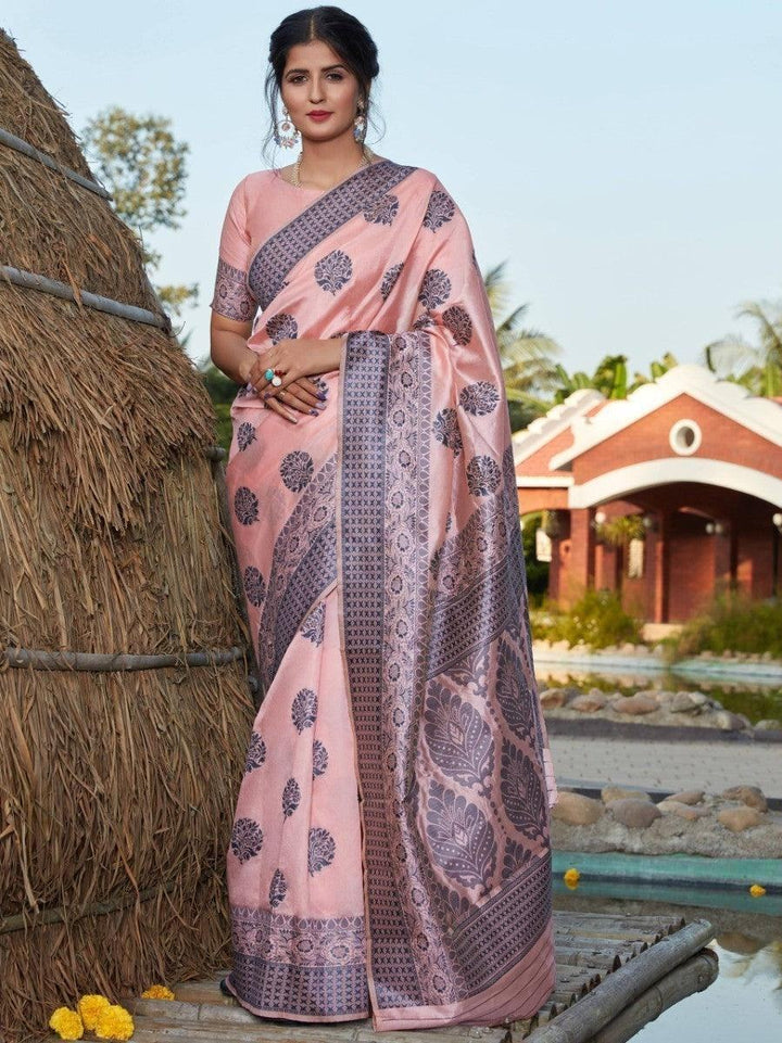 Pink floral print saree with purple border, elegant women's ethnic wear for festive occasions