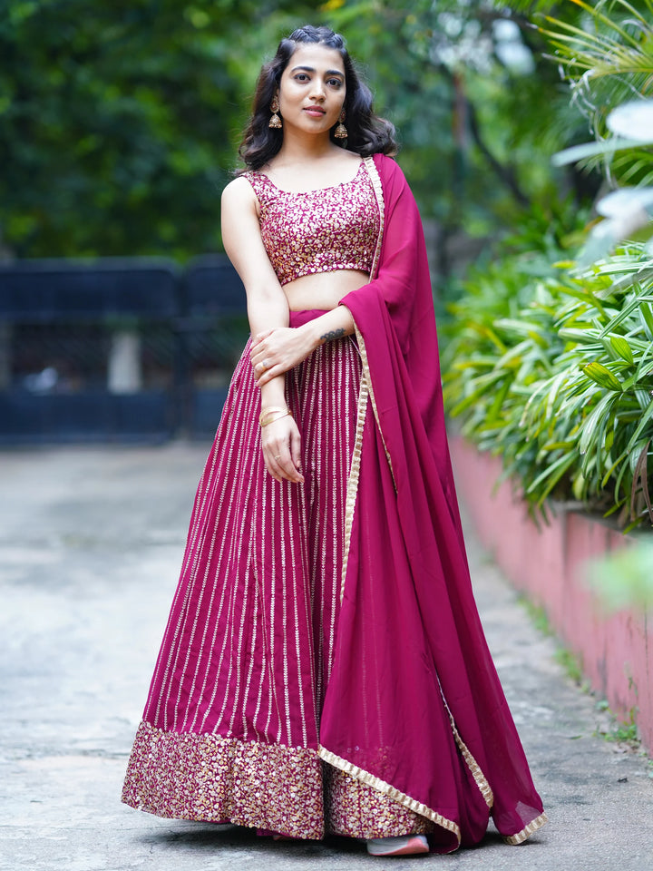 Dazzling Magenta Sequins Georgette Engagement Wear Lehenga Choli - Zeel Clothing