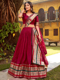 Dazzling Maroon Zari Weaving Chanderi Traditional Half Saree Lehenga With Dupatta